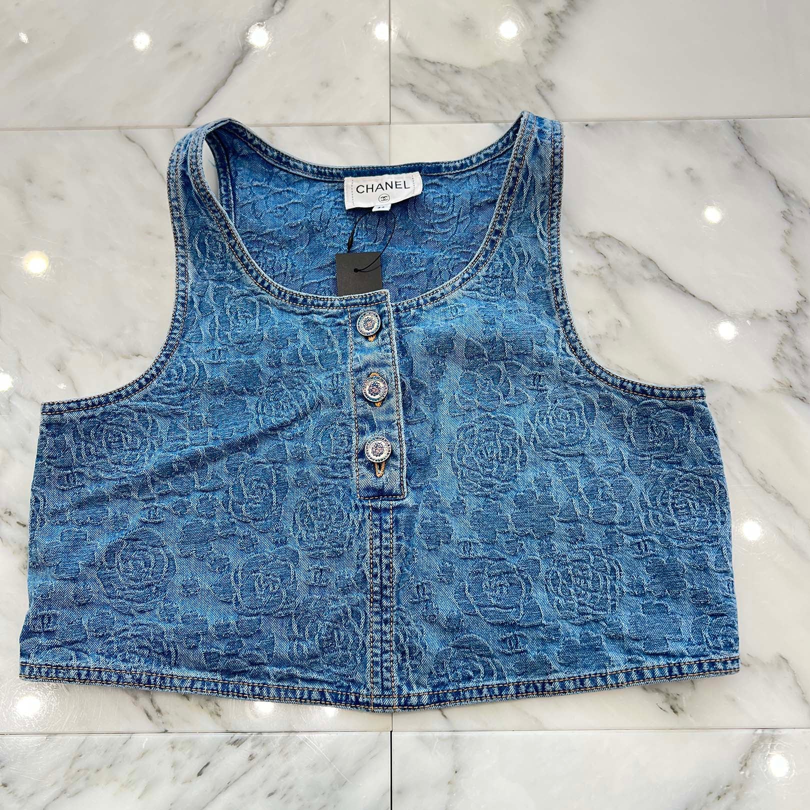 CHANEL 2023SS Coco Mark Camellia Embroidered Half Button Denim Vest P74483V66068 Size 34 シャネル ココマーク カメリア刺繍 ハーフボタンデニムベスト サイズ34