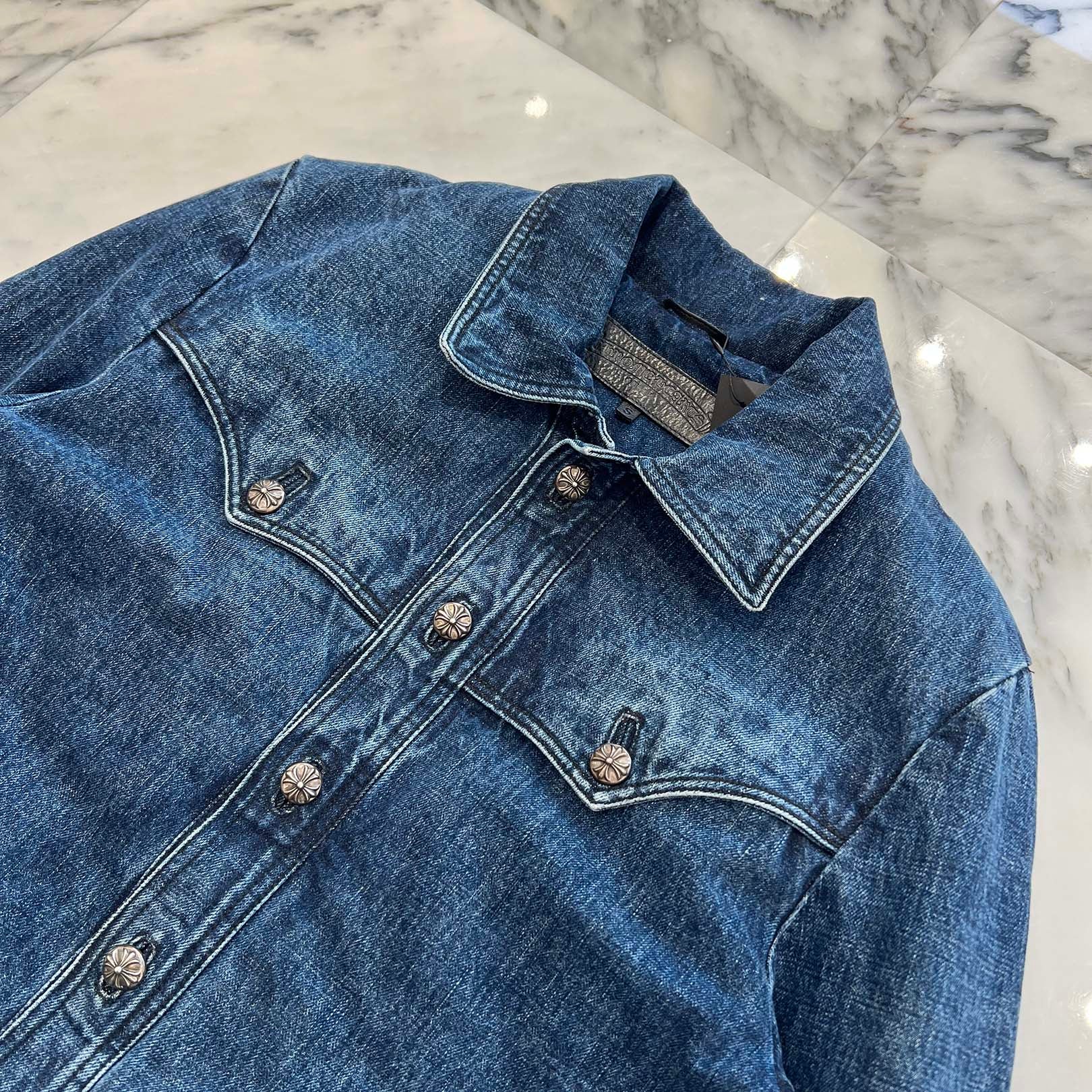 CHROME HEARTS Floral Cross Leather Patch Flare Knee Sleeve Denim Jacket Size S クロムハーツ フローラルクロス レザーパッチ フレアニー スリーブ デニムジャケット サイズS