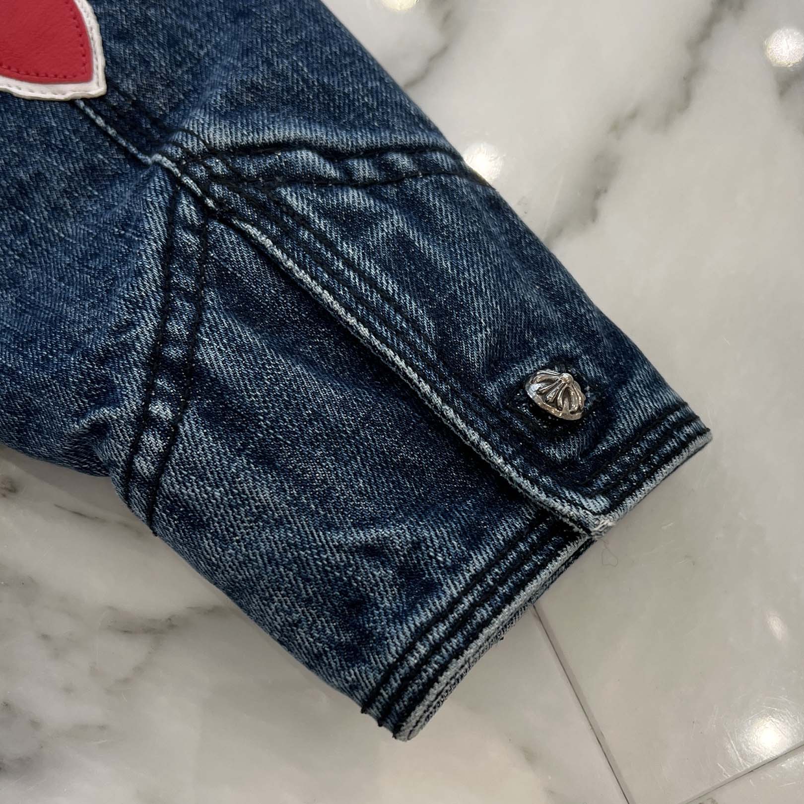 CHROME HEARTS Floral Cross Leather Patch Flare Knee Sleeve Denim Jacket Size S クロムハーツ フローラルクロス レザーパッチ フレアニー スリーブ デニムジャケット サイズS