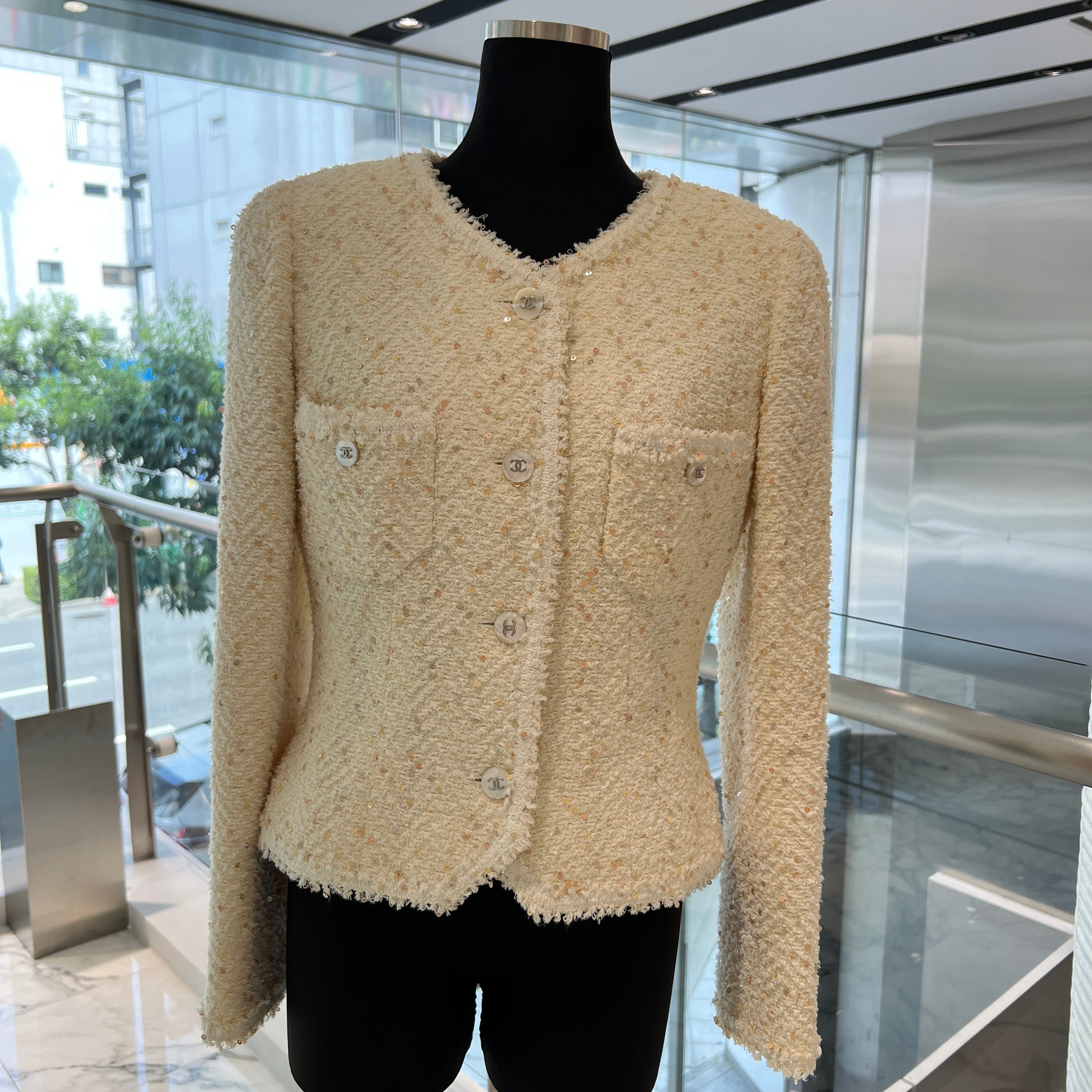 CHANEL Coco Mark Sequined Tweed Jacket PO7204V05396 Size 40 シャネル ココマーク スパンコール装飾 ツイードジャケット サイズ40