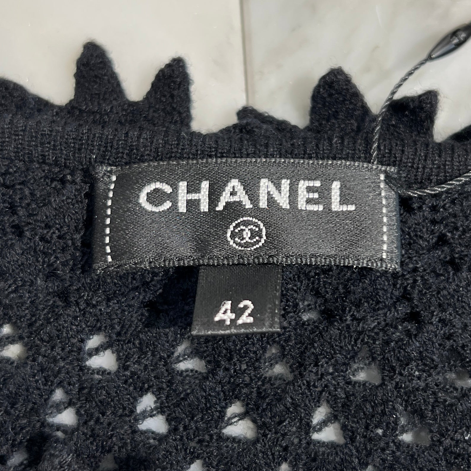 CHANEL Flower Applique Mesh Flare Dress P57019K07453 Size 42 シャネル フラワーアップリケ装飾 メッシュ フレアワンピース サイズ42