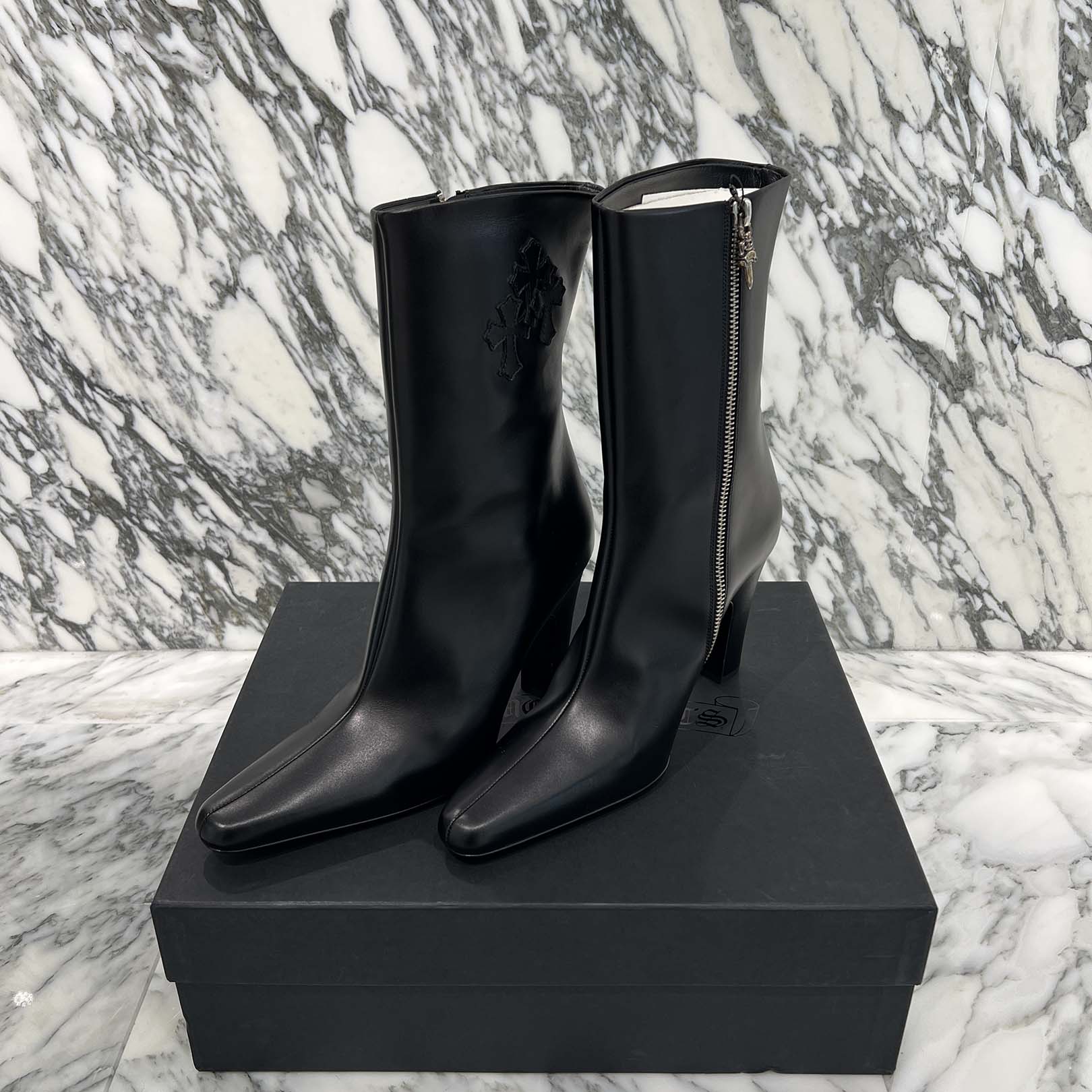 CHROME HEARTS SUGER JONES Triple Cross Leather Patch Heel boots Size 39(約24.0cm) クロムハーツ シュガージョーンズ トリプルクロス レザーパッチ ヒールブーツ サイズ39(約24.0cm)