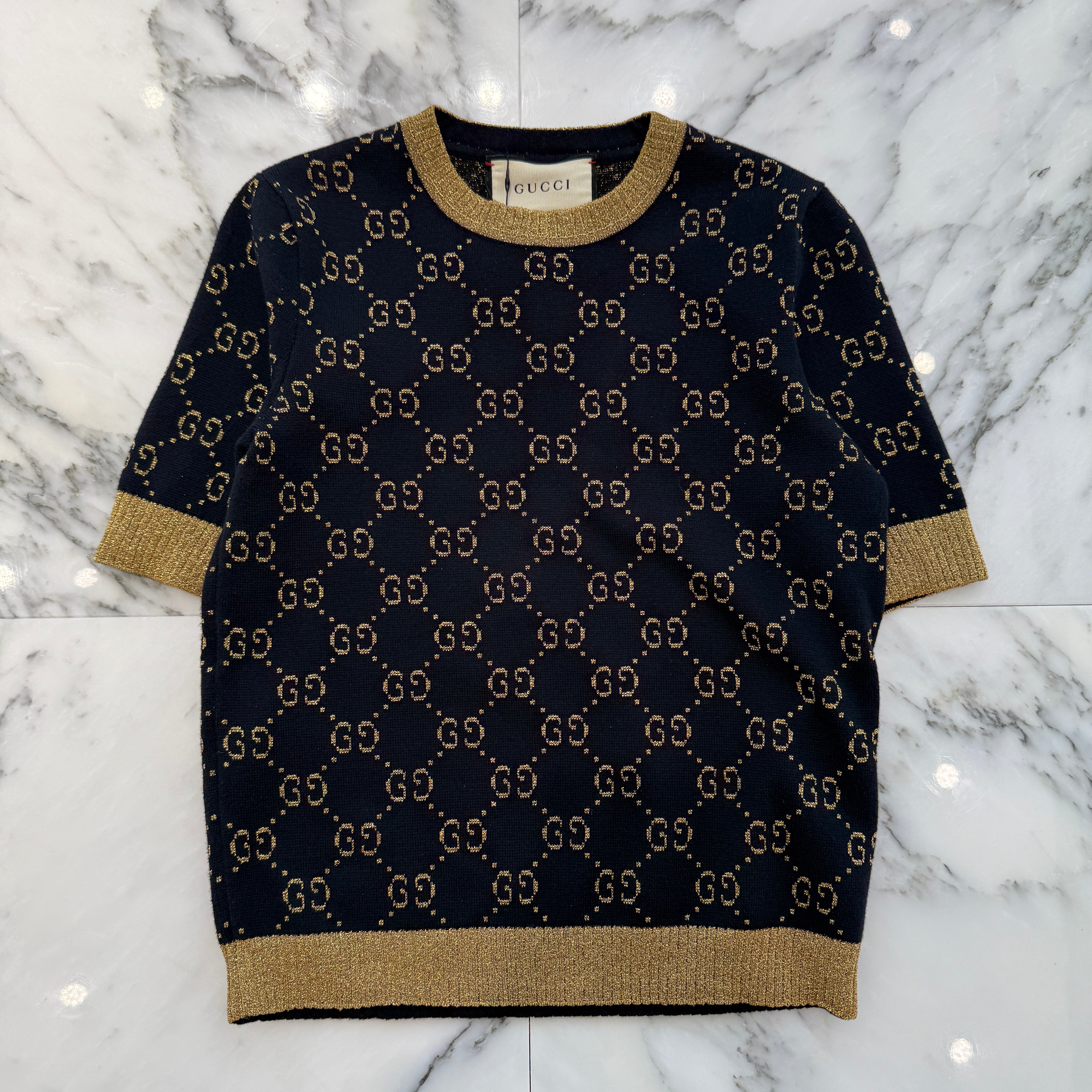 GUCCI 2018AW GG Cotton Glitter Jacquard Knit Shirt 526759 X9W83 Size XS グッチ GG コットン グリッター ジャカード ニットシャツ サイズXS