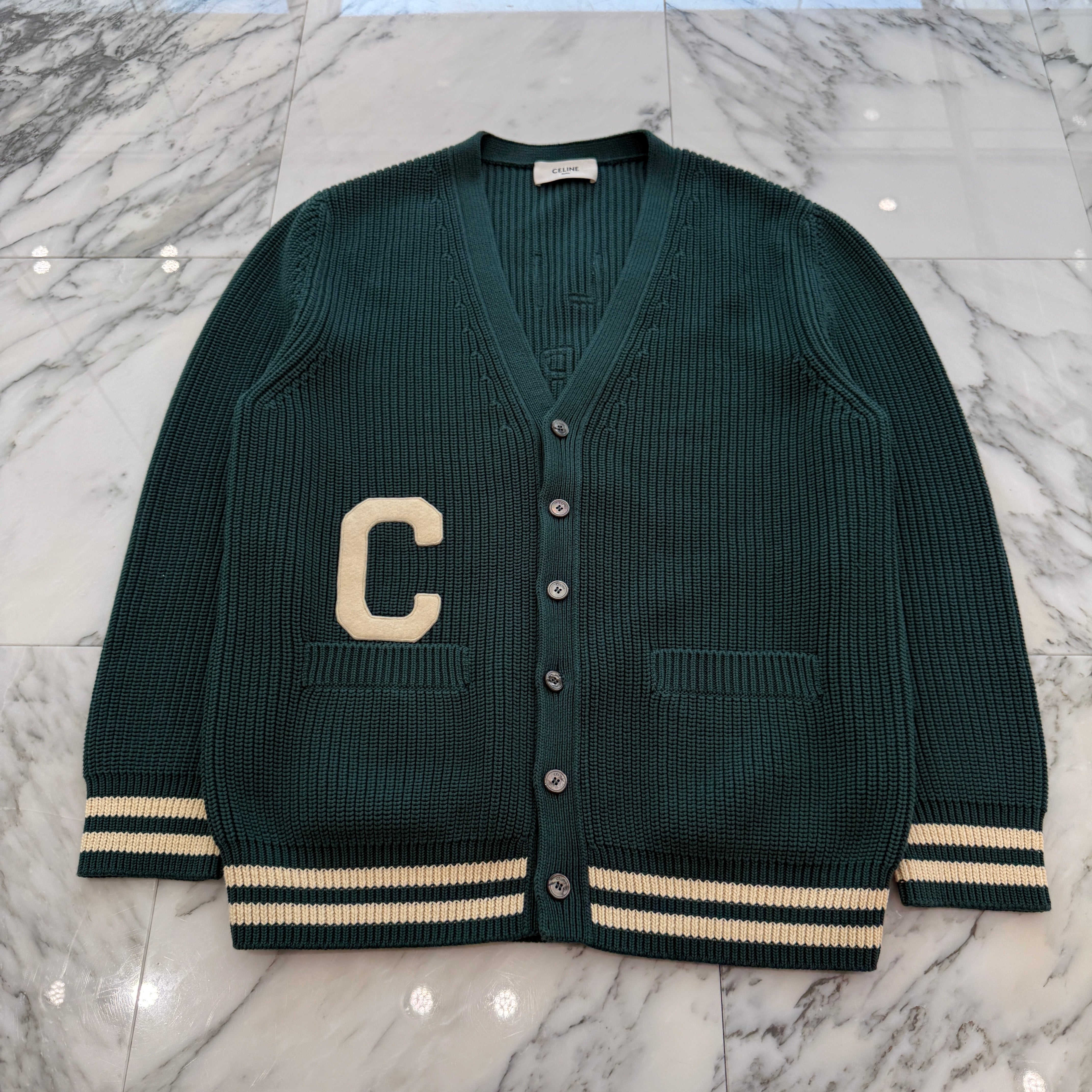 CELINE 2024SS College Cotton Cardigan "Forest" 2AD70192W.31FE Size M セリーヌ カレッジ コットン カーディガン "フォレスト" サイズM