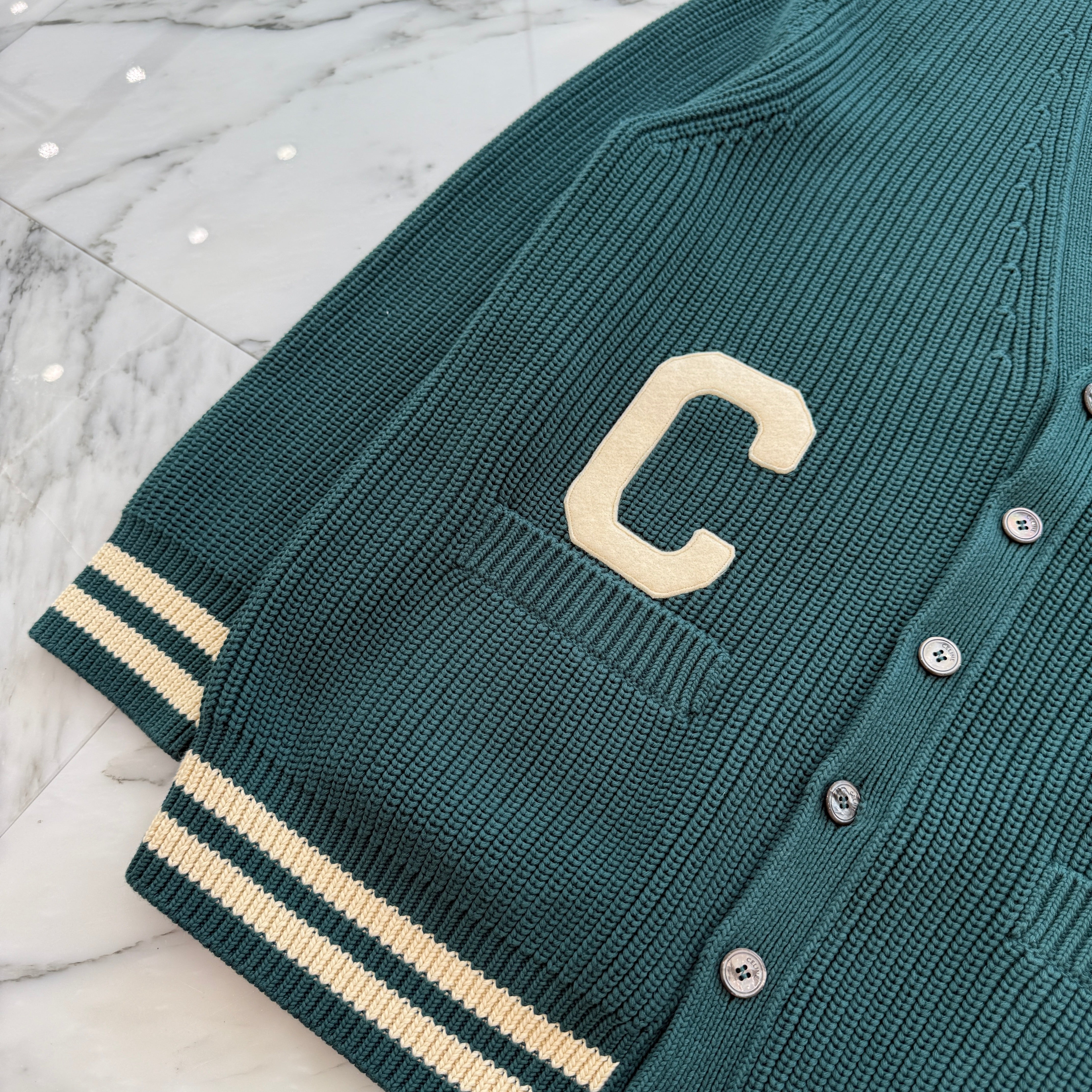 CELINE 2024SS College Cotton Cardigan "Forest" 2AD70192W.31FE Size M セリーヌ カレッジ コットン カーディガン "フォレスト" サイズM
