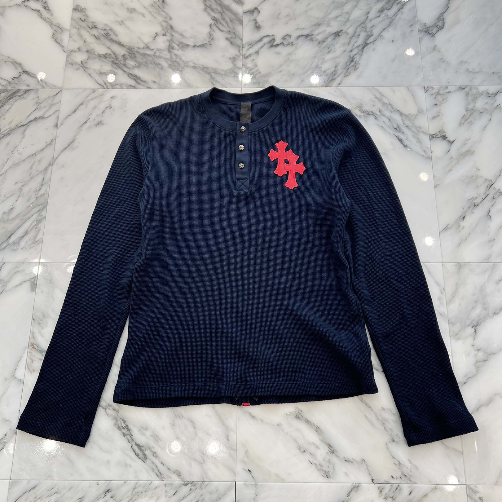 CHROME HEARTS Y NOT Leather Cross Patch Polo Thermal Long Sleeve Tee Size S クロムハーツ ワイノット レザークロスパッチ ポロ サーマル ロングスリーブ Tシャツ サイズS