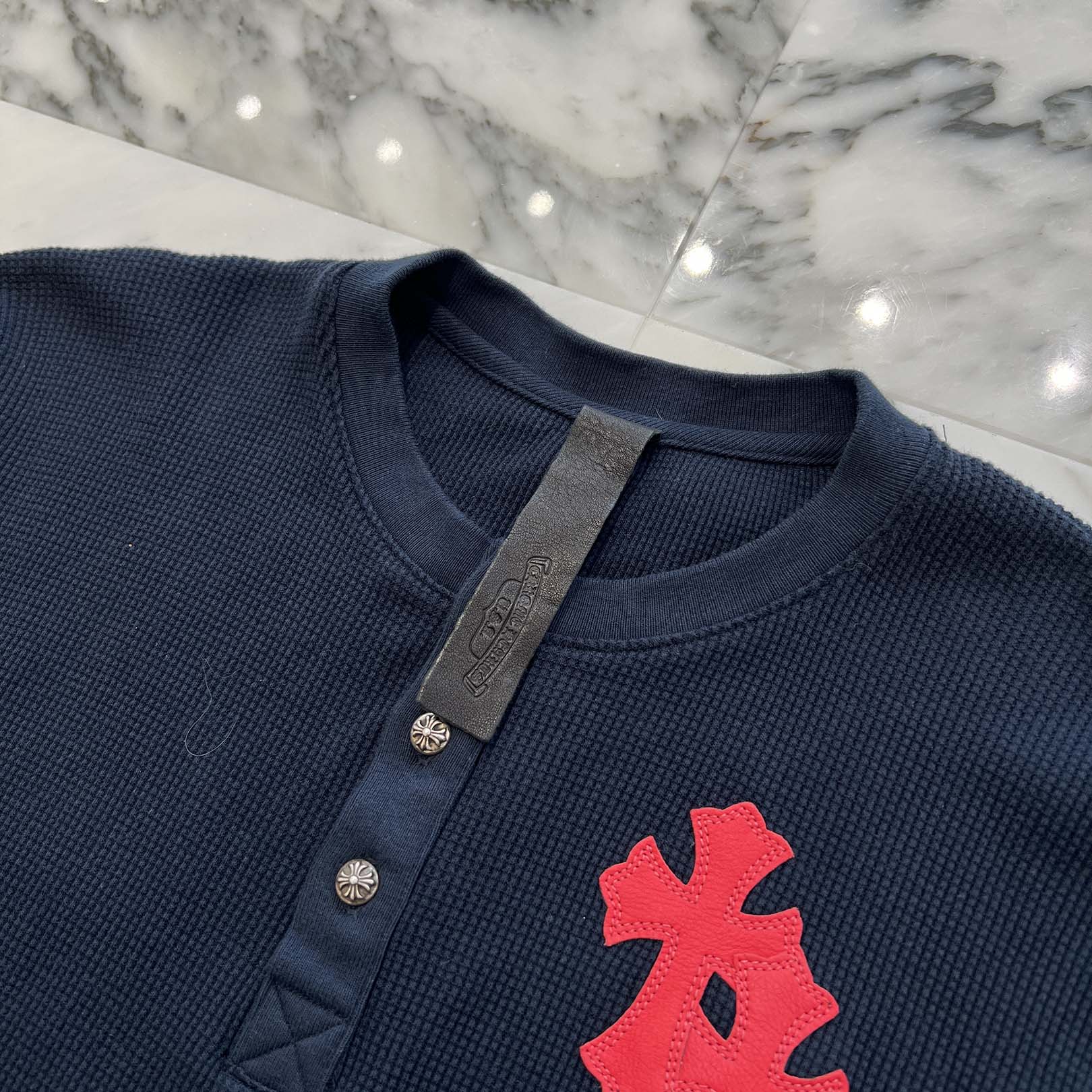 CHROME HEARTS Y NOT Leather Cross Patch Polo Thermal Long Sleeve Tee Size S クロムハーツ ワイノット レザークロスパッチ ポロ サーマル ロングスリーブ Tシャツ サイズS