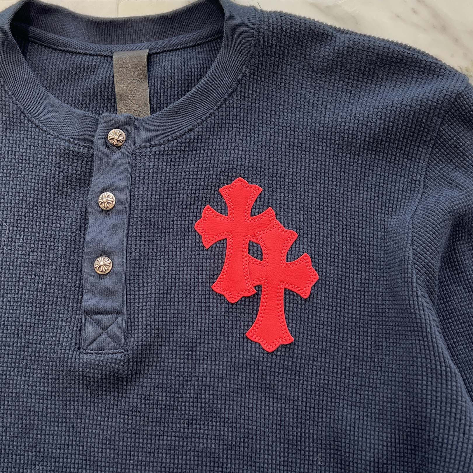 CHROME HEARTS Y NOT Leather Cross Patch Polo Thermal Long Sleeve Tee Size S クロムハーツ ワイノット レザークロスパッチ ポロ サーマル ロングスリーブ Tシャツ サイズS