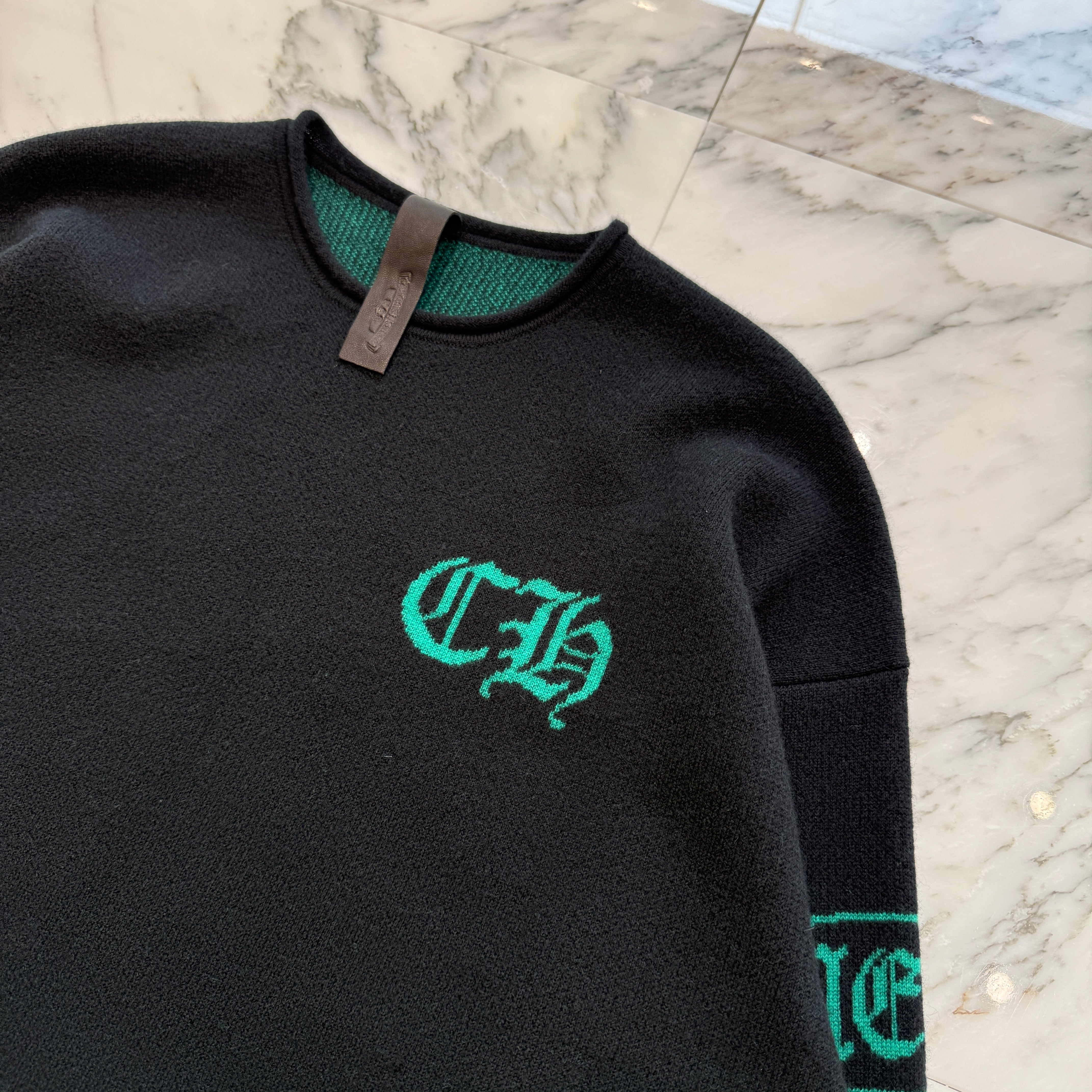 CHROME HEARTS Y NOT Scroll Logo Label CH Cashmere Knit Sweater Size ONESIZE(68-112) クロムハーツ ワイノット スクロールロゴラベル CH カシミヤ ニットセーターサイズ ONESIZE(68-112)