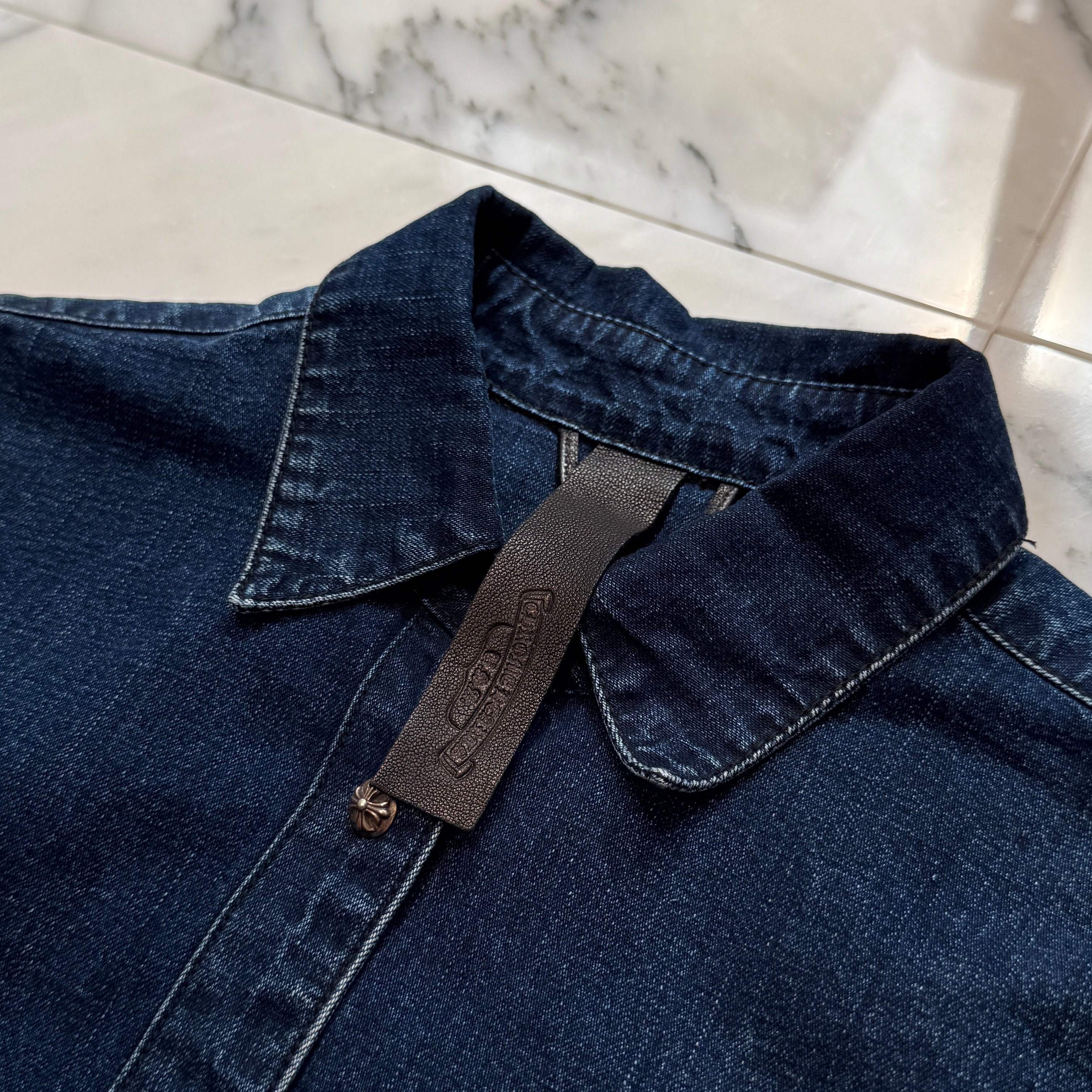 CHROME HEARTS Y NOT Leather Cross Patch Denim Shirt Size L クロムハーツ レザークロスパッチ デニムシャツ サイズL