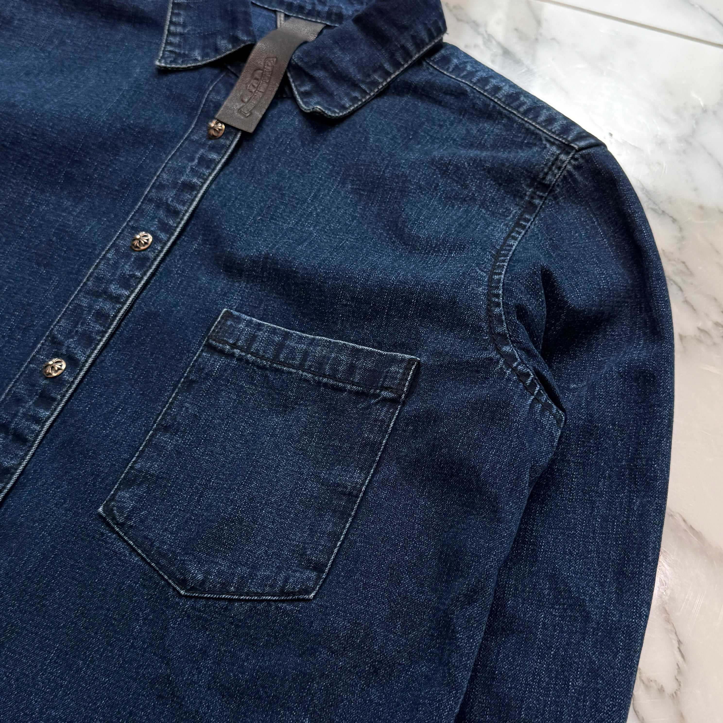 CHROME HEARTS Y NOT Leather Cross Patch Denim Shirt Size L クロムハーツ レザークロスパッチ デニムシャツ サイズL