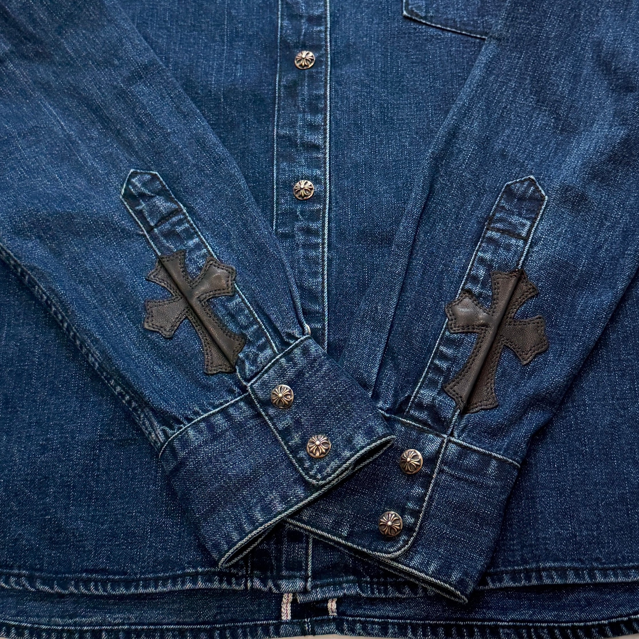 CHROME HEARTS Y NOT Leather Cross Patch Denim Shirt Size L クロムハーツ レザークロスパッチ デニムシャツ サイズL
