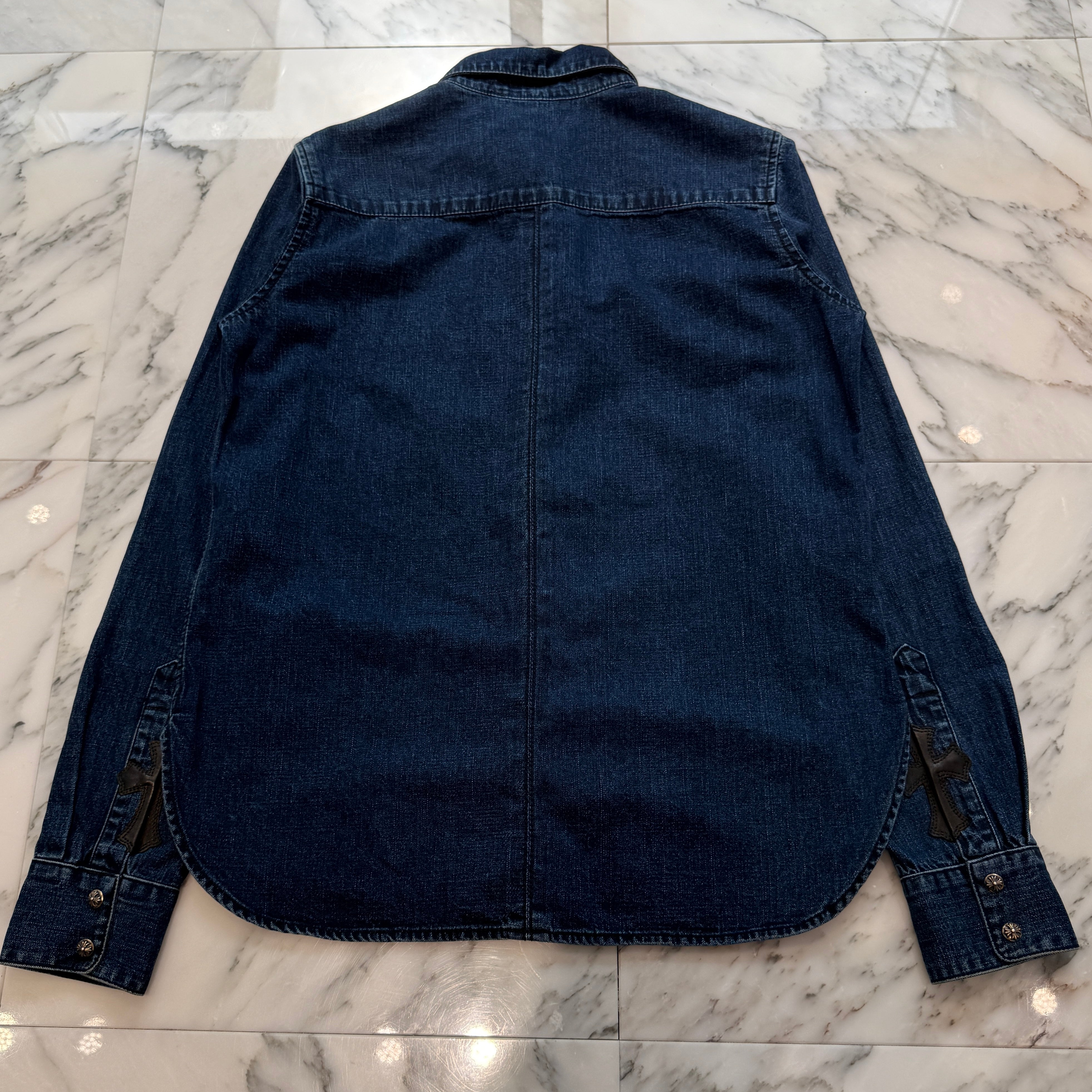 CHROME HEARTS Y NOT Leather Cross Patch Denim Shirt Size L クロム