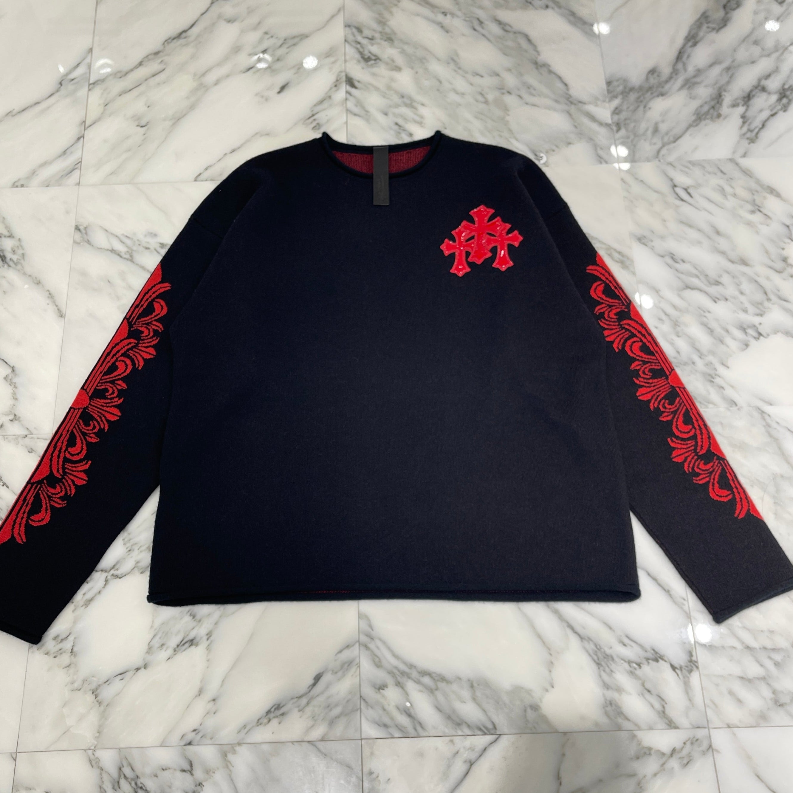 CHROME HEARTS Cemetery Cross Patent Leather Patch Cashmere Knit Sweater Size ONE SIZE（68～112） クロムハーツ セメタリークロス パテントレザーパッチ カシミヤ ニットセーター サイズONE SIZE（68～112）