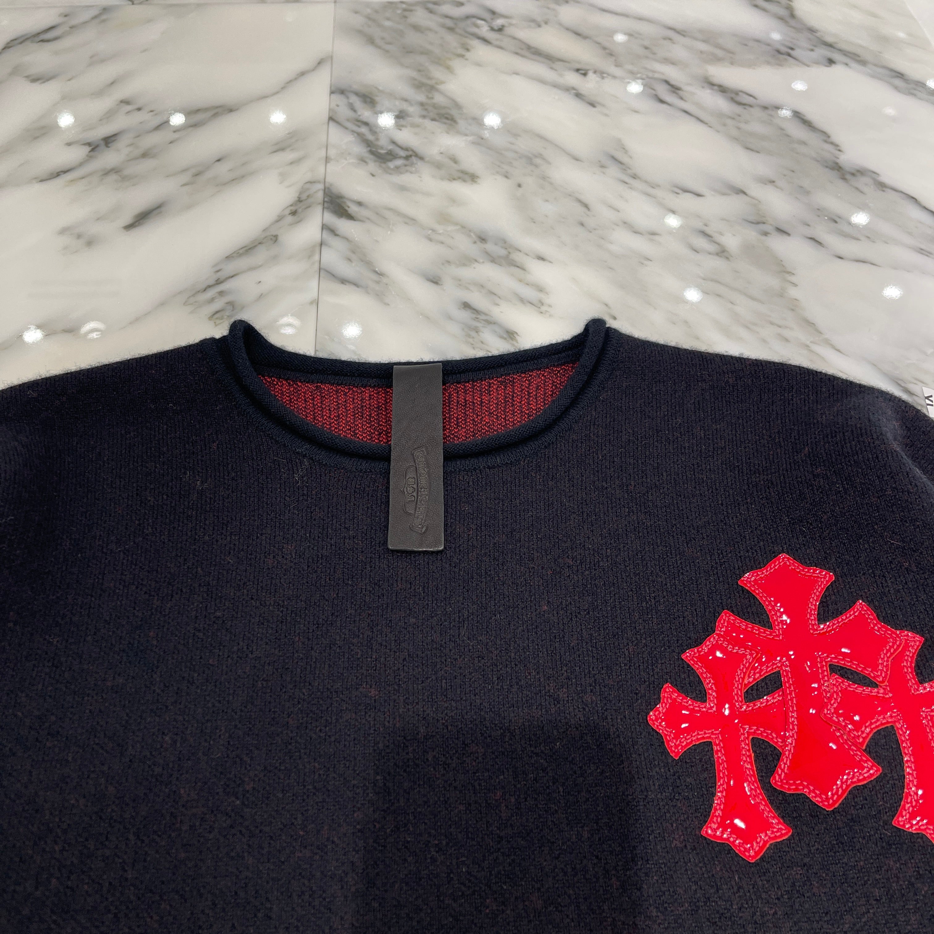 CHROME HEARTS Cemetery Cross Patent Leather Patch Cashmere Knit Sweater Size ONE SIZE（68～112） クロムハーツ セメタリークロス パテントレザーパッチ カシミヤ ニットセーター サイズONE SIZE（68～112）