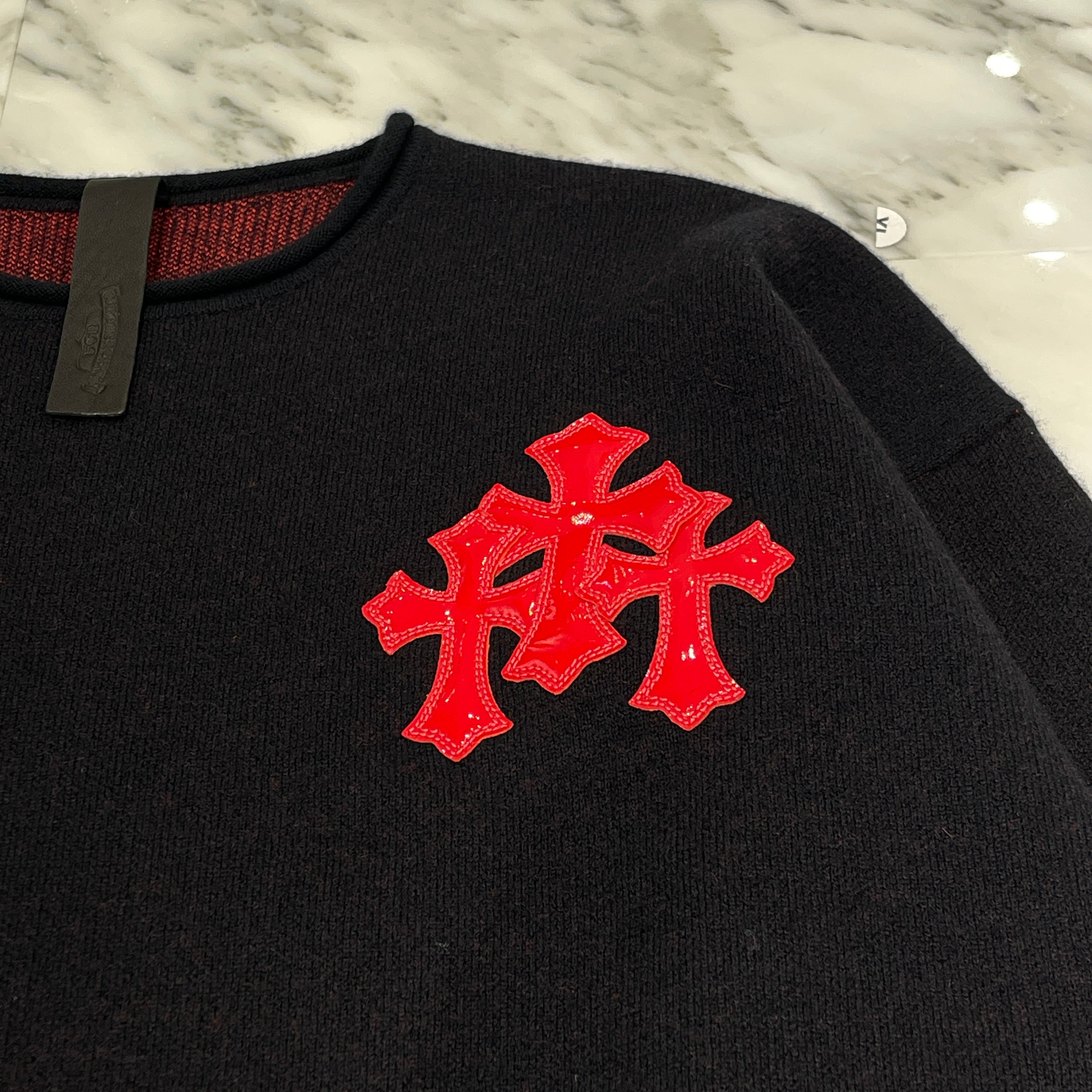 CHROME HEARTS Cemetery Cross Patent Leather Patch Cashmere Knit Sweater Size ONE SIZE（68～112） クロムハーツ セメタリークロス パテントレザーパッチ カシミヤ ニットセーター サイズONE SIZE（68～112）