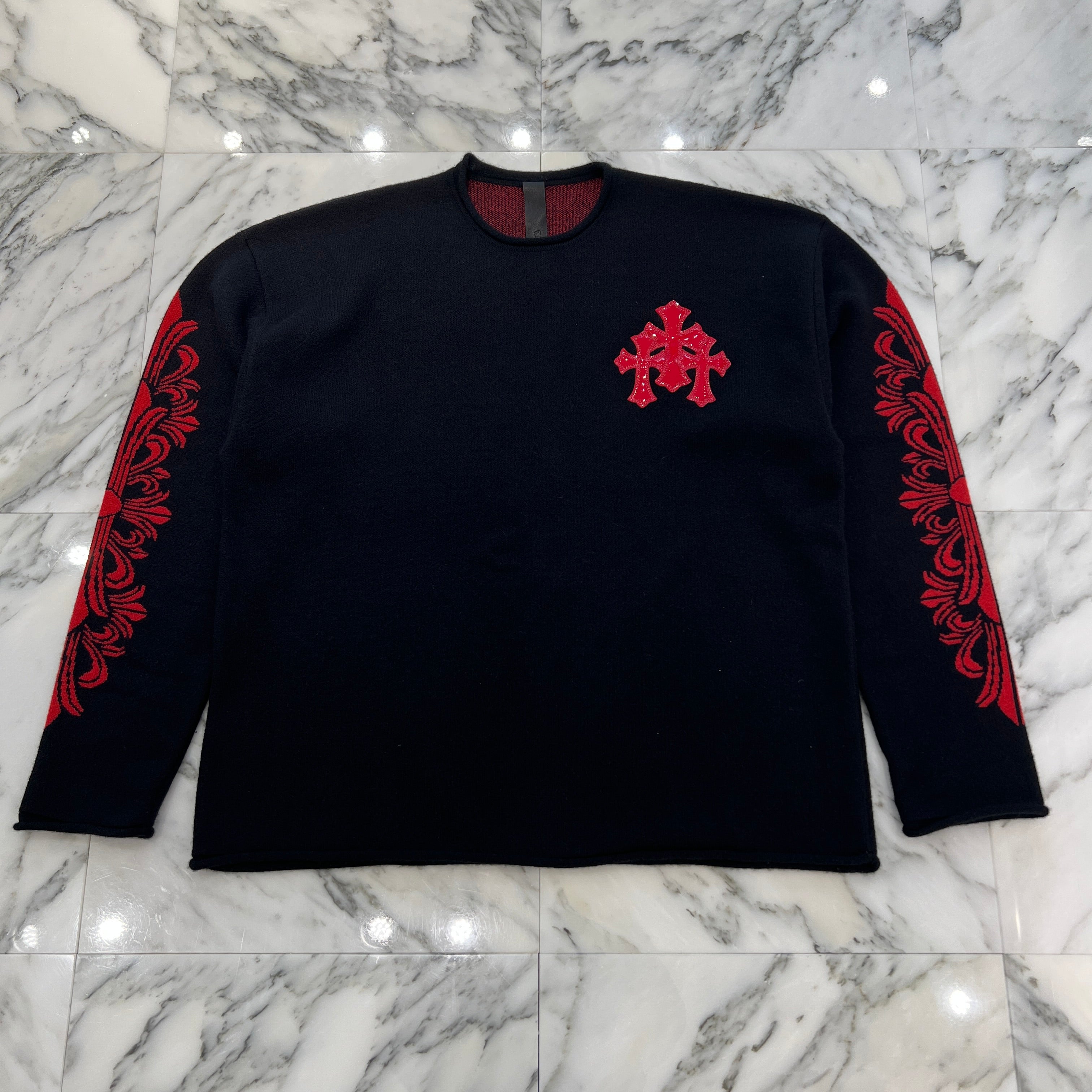 CHROME HEARTS Y NOT Cemetery Cross Patent Leather Patch Cashmere Knit Sweater Size ONE SIZE (68-112) クロムハーツ ワイノット セメタリークロス パテントレザーパッチ カシミヤ ニットセーター サイズONE SIZE (68-112)