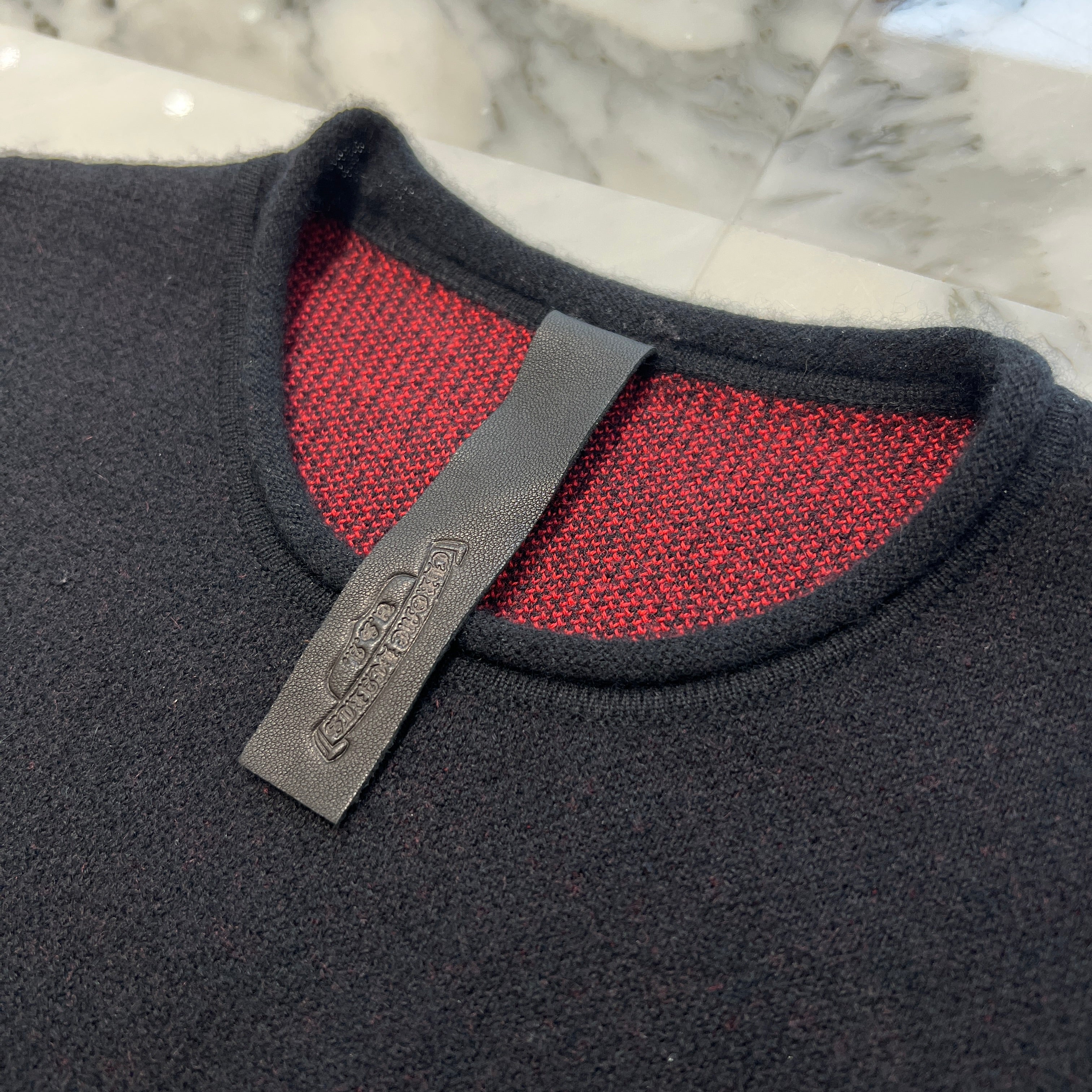 CHROME HEARTS Y NOT Cemetery Cross Patent Leather Patch Cashmere Knit Sweater Size ONE SIZE (68-112) クロムハーツ ワイノット セメタリークロス パテントレザーパッチ カシミヤ ニットセーター サイズONE SIZE (68-112)