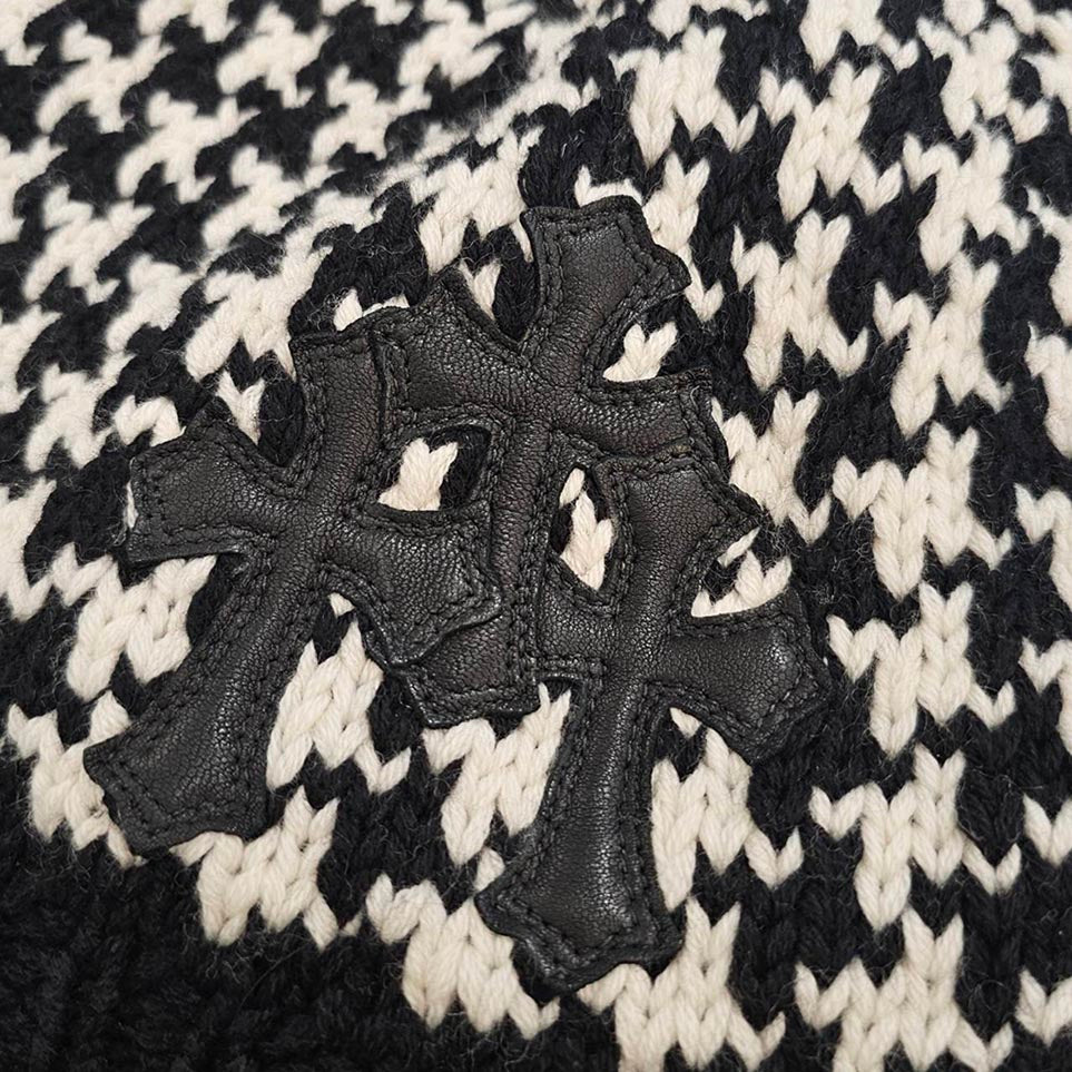 CHROME HEARTS 3 Cross Leather Patch Houndstooth Pattern Cashmere Beanie Size ONE SIZE (53-60) クロムハーツ 3クロスレザーパッチ ハウンドトゥースパターン カシミアビーニー サイズONE SIZE (53-60)