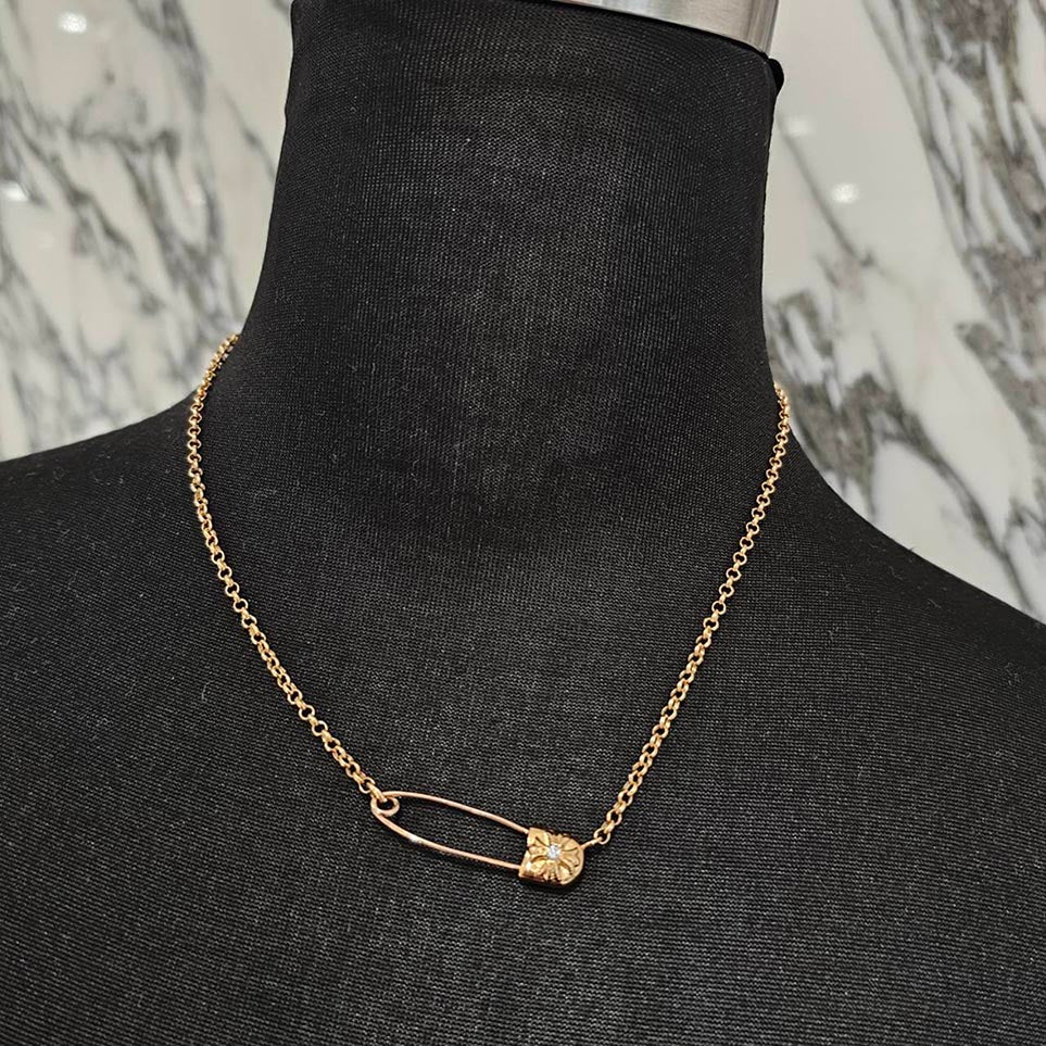 CHROME HEARTS 22K Safety Pin 1 Diamond Roll Chain Necklace Size 16 Inch クロムハーツ 22K セーフティピン 1ダイヤモンド ロールチェーン ネックレス 16インチ