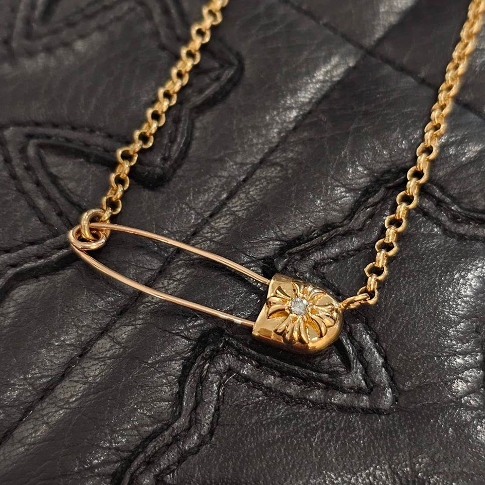 CHROME HEARTS 22K Safety Pin 1 Diamond Roll Chain Necklace Size 16