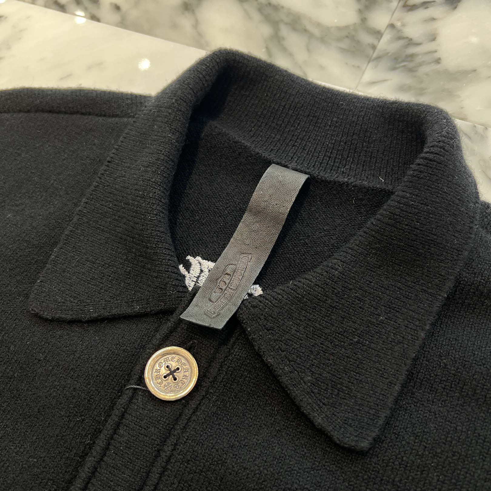 CHROME HEARTS Y NOT King Taco 3 Cemetery Cross Leather Patch Cashmere Knit Cardigan Size L クロムハーツ ワイノット キングタコ 3セメタリークロスレザーパッチ カシミアニット カーディガン サイズL