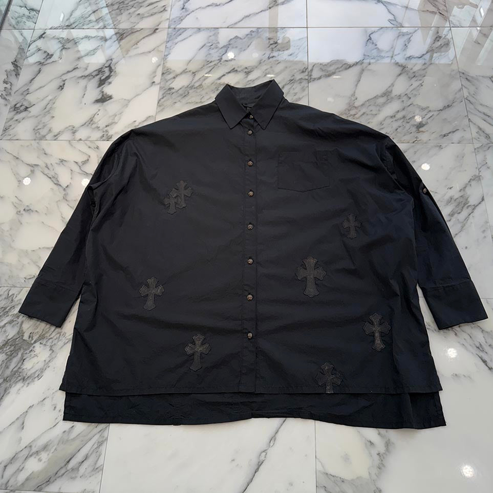 CHROME HEARTS Y NOT Mahal Kita Cemetery Cross Leather Patch Shirt Size S クロムハーツ ワイノット マハルキタ セメタリークロスレザーパッチ シャツ サイズS