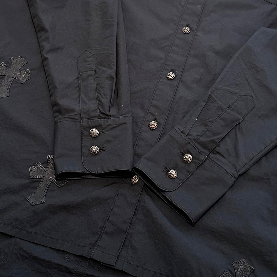 CHROME HEARTS Y NOT Mahal Kita Cemetery Cross Leather Patch Shirt Size S クロムハーツ ワイノット マハルキタ セメタリークロスレザーパッチ シャツ サイズS