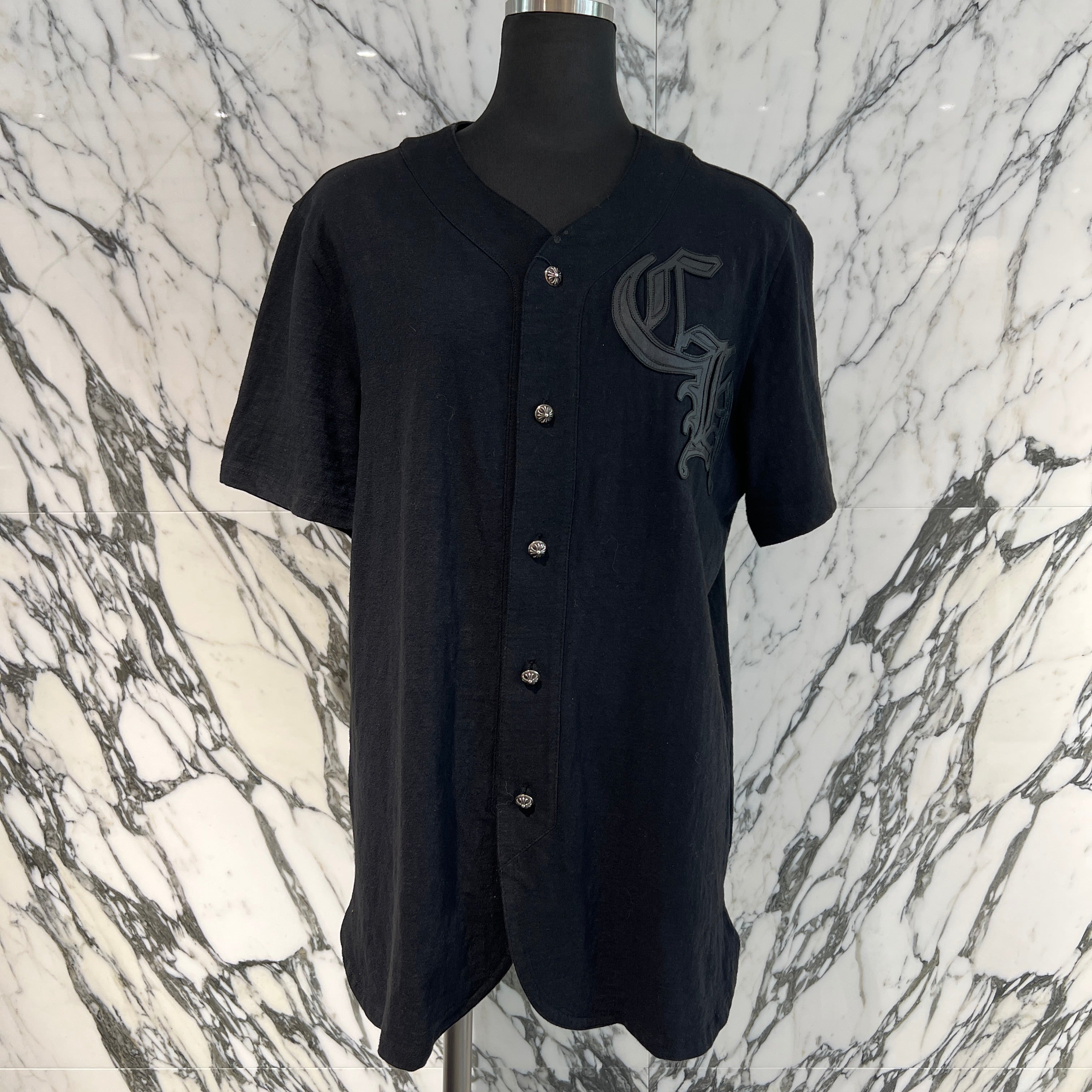 CHROME HEARTS Leather Patch Cross Ball Button Baseball Cotton Shirt Size L クロムハーツ レザーパッチ クロスボールボタン ベースボール コットンシャツ サイズL