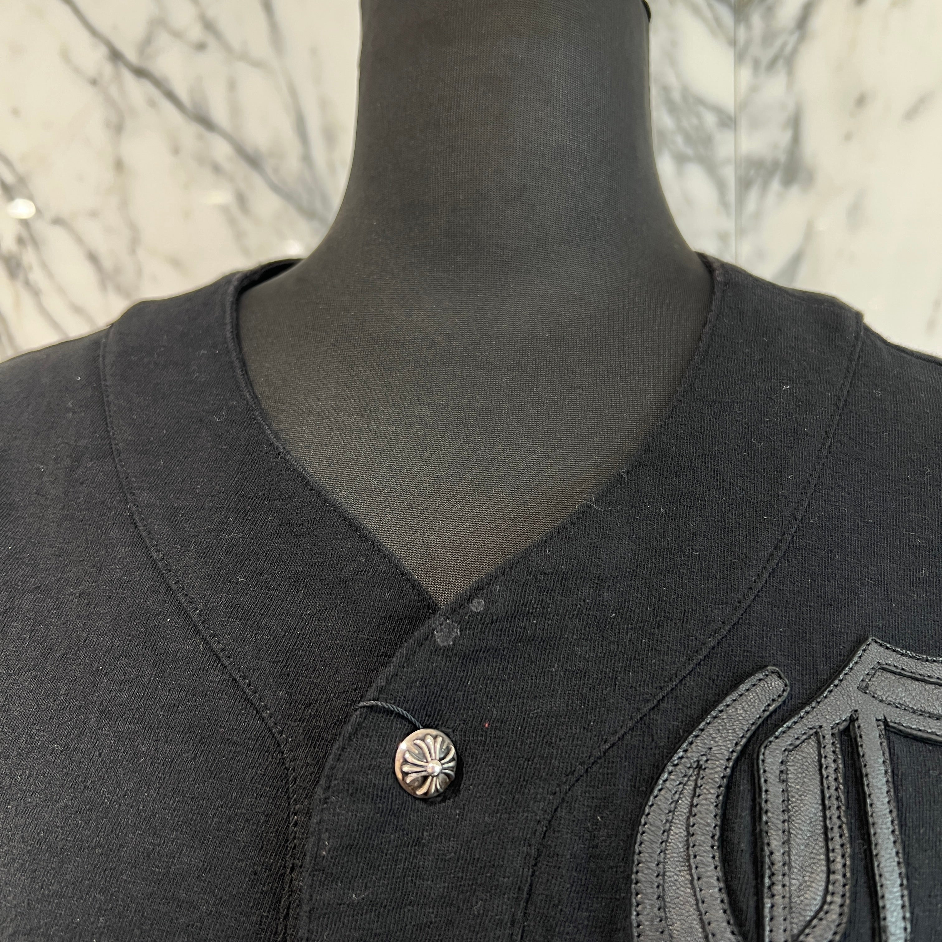 CHROME HEARTS Leather Patch Cross Ball Button Baseball Cotton Shirt Size L クロムハーツ レザーパッチ クロスボールボタン ベースボール コットンシャツ サイズL
