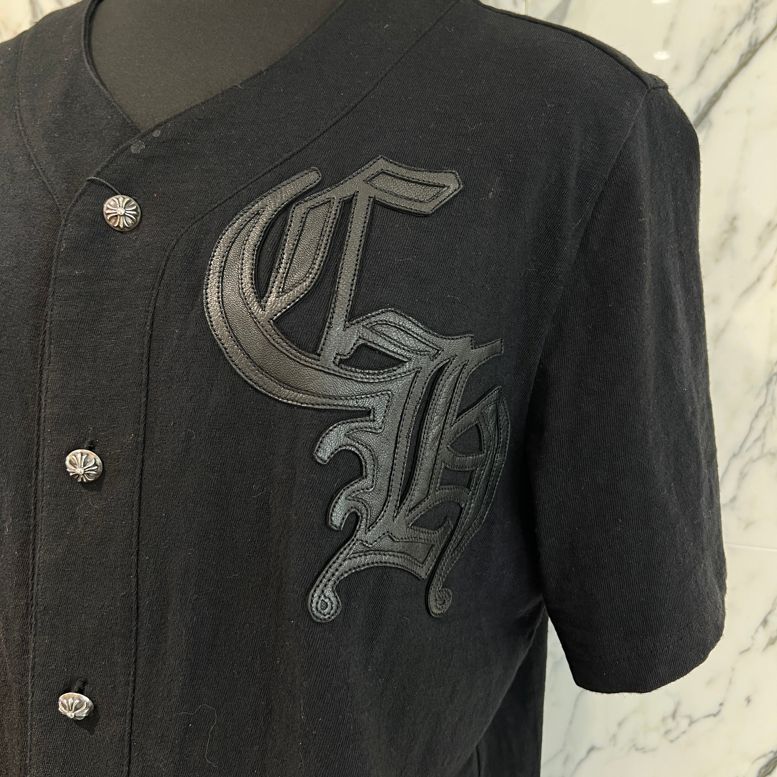 CHROME HEARTS Leather Patch Cross Ball Button Baseball Cotton Shirt Size L クロムハーツ レザーパッチ クロスボールボタン ベースボール コットンシャツ サイズL