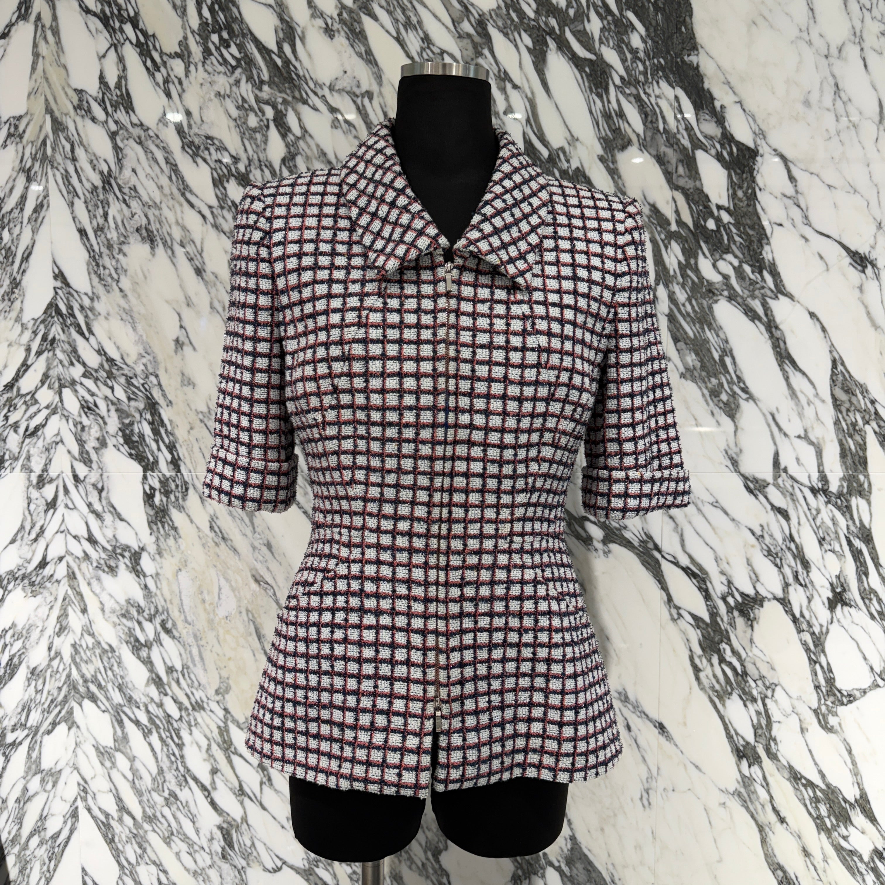 CHANEL Zip Up Short Sleeve Tweed Jacket P60834V46257 Size 34