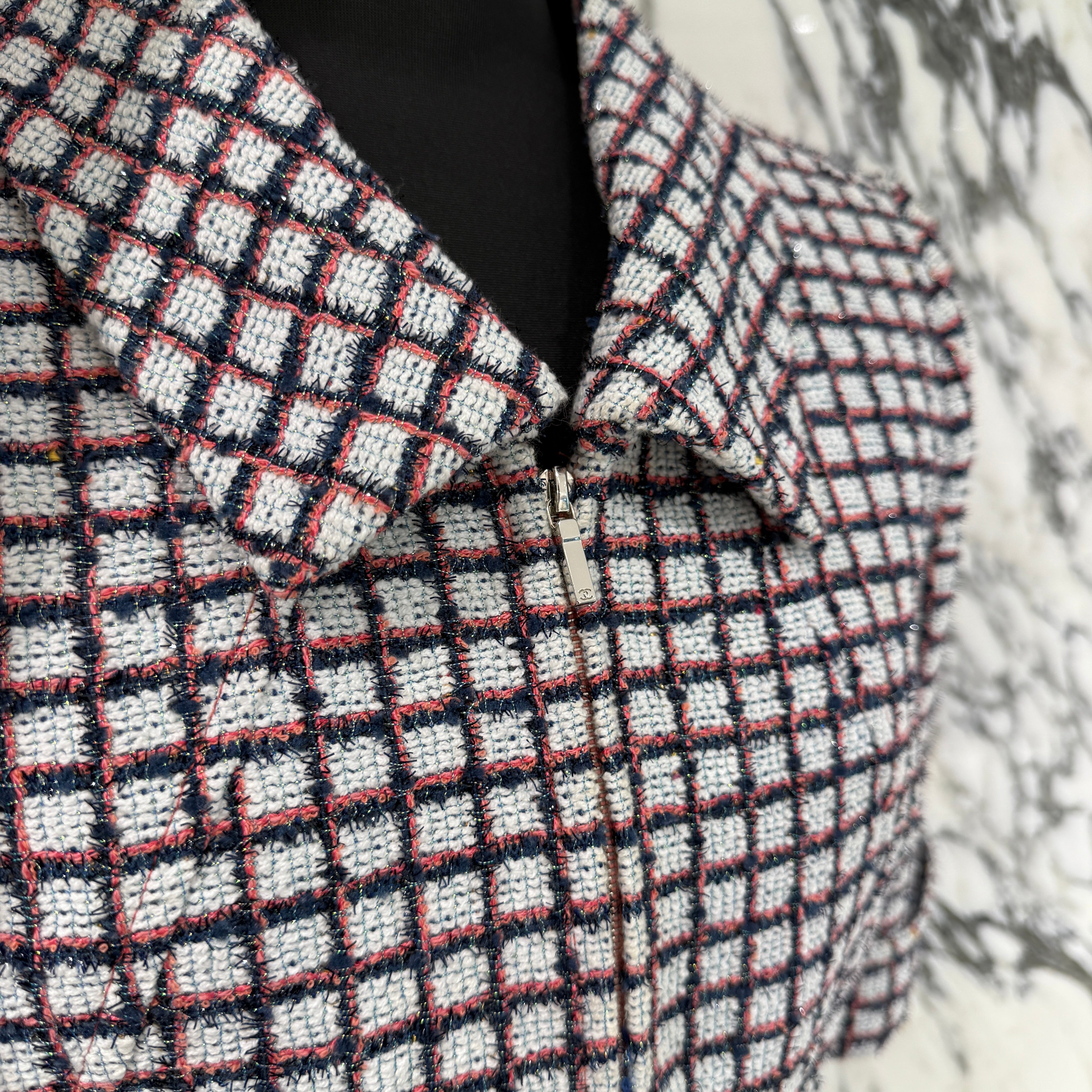 CHANEL Zip Up Short Sleeve Tweed Jacket P60834V46257 Size 34