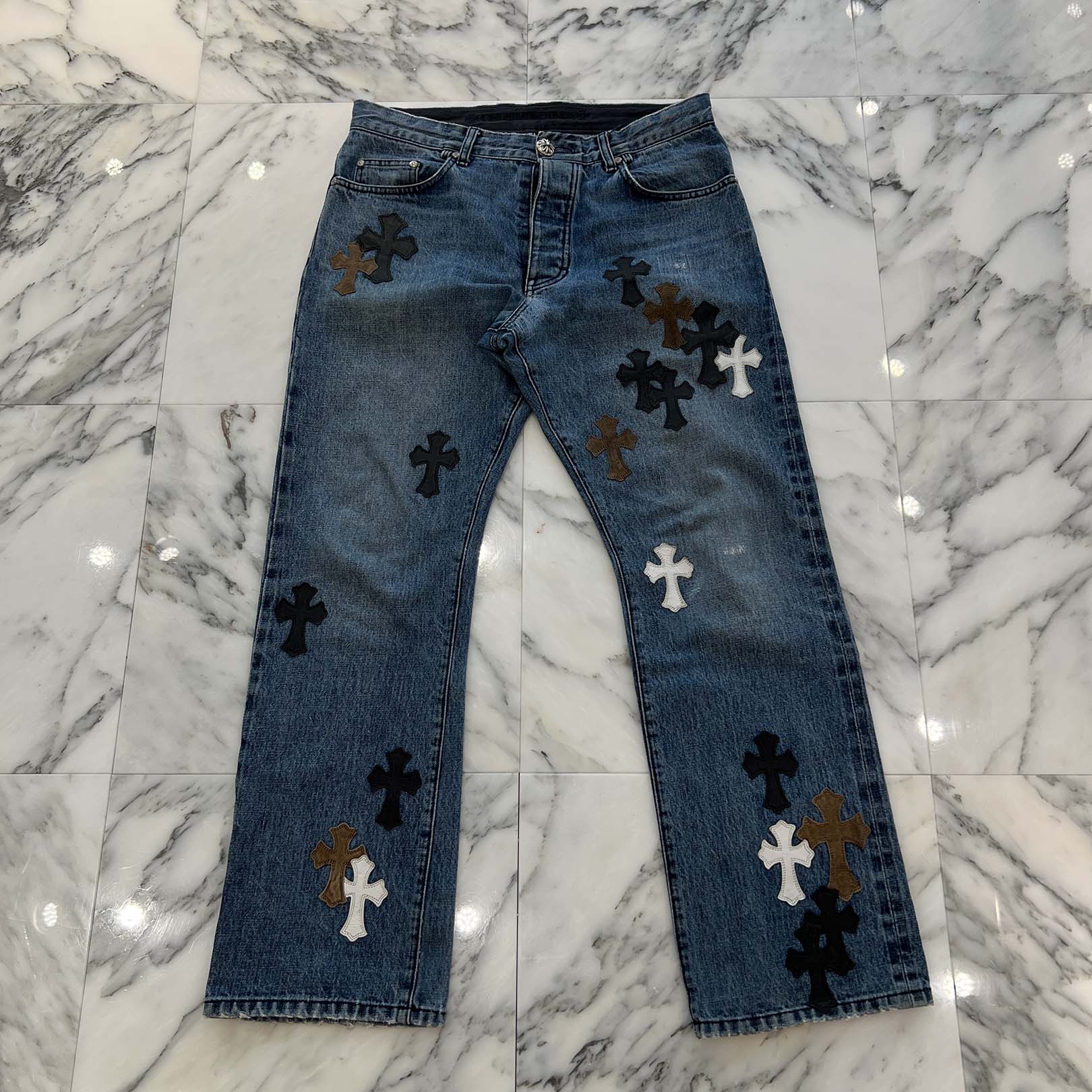 CHROME HEARTS Multi Leather Cross Patch Cross Ball Button Denim