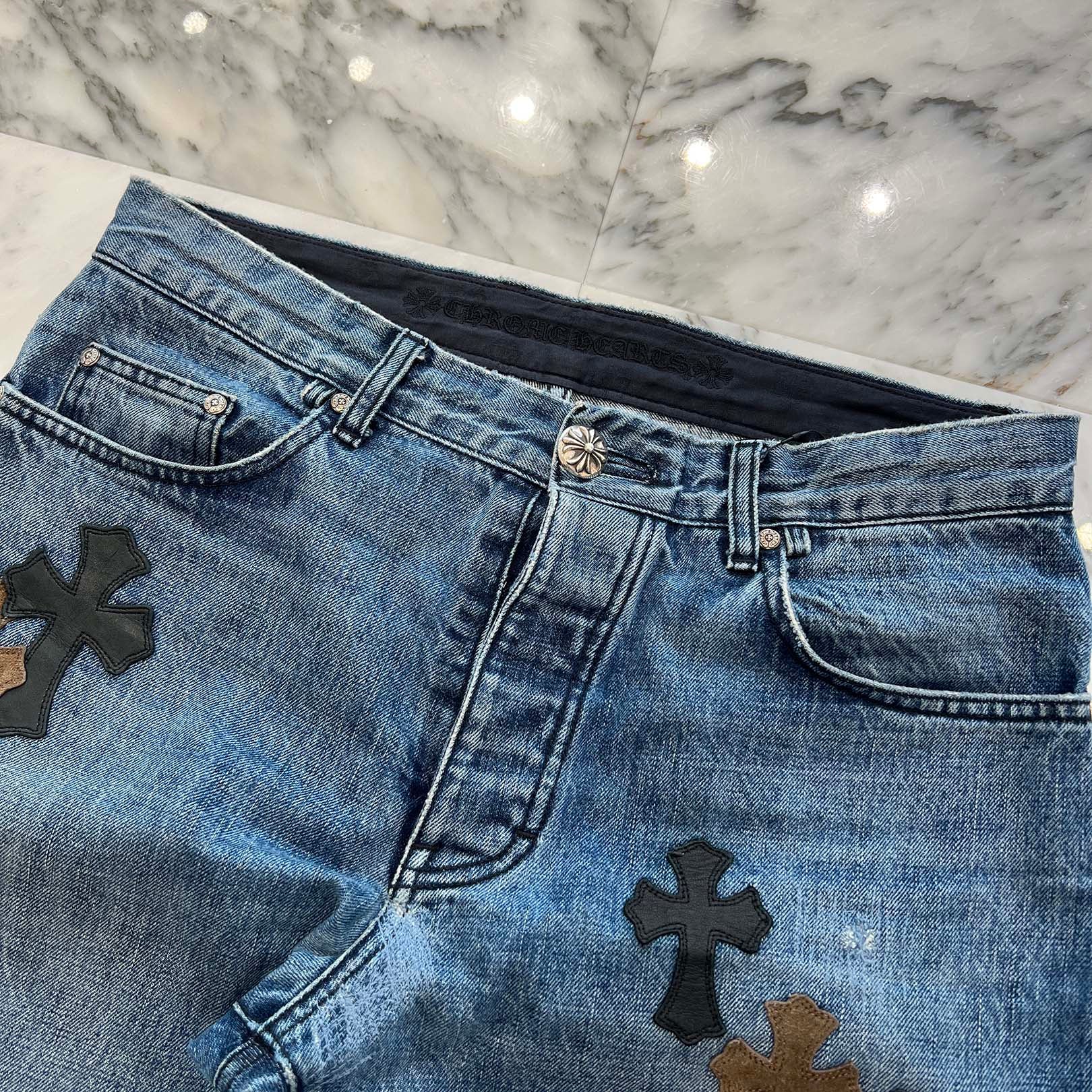 CHROME HEARTS Multi Leather Cross Patch Cross Ball Button Denim Pants Size 33 クロムハーツ マルチレザークロスパッチ クロスボールボタン デニムパンツ サイズ33