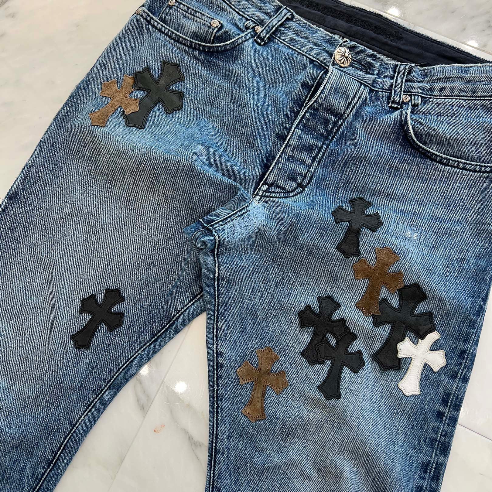 CHROME HEARTS Multi Leather Cross Patch Cross Ball Button Denim Pants Size 33 クロムハーツ マルチレザークロスパッチ クロスボールボタン デニムパンツ サイズ33