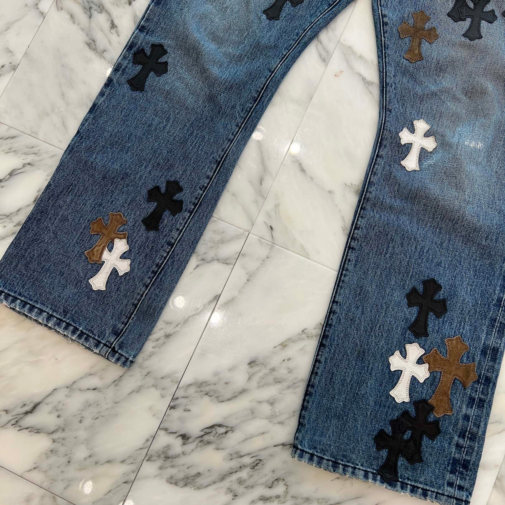 CHROME HEARTS Multi Leather Cross Patch Cross Ball Button Denim Pants Size 33 クロムハーツ マルチレザークロスパッチ クロスボールボタン デニムパンツ サイズ33