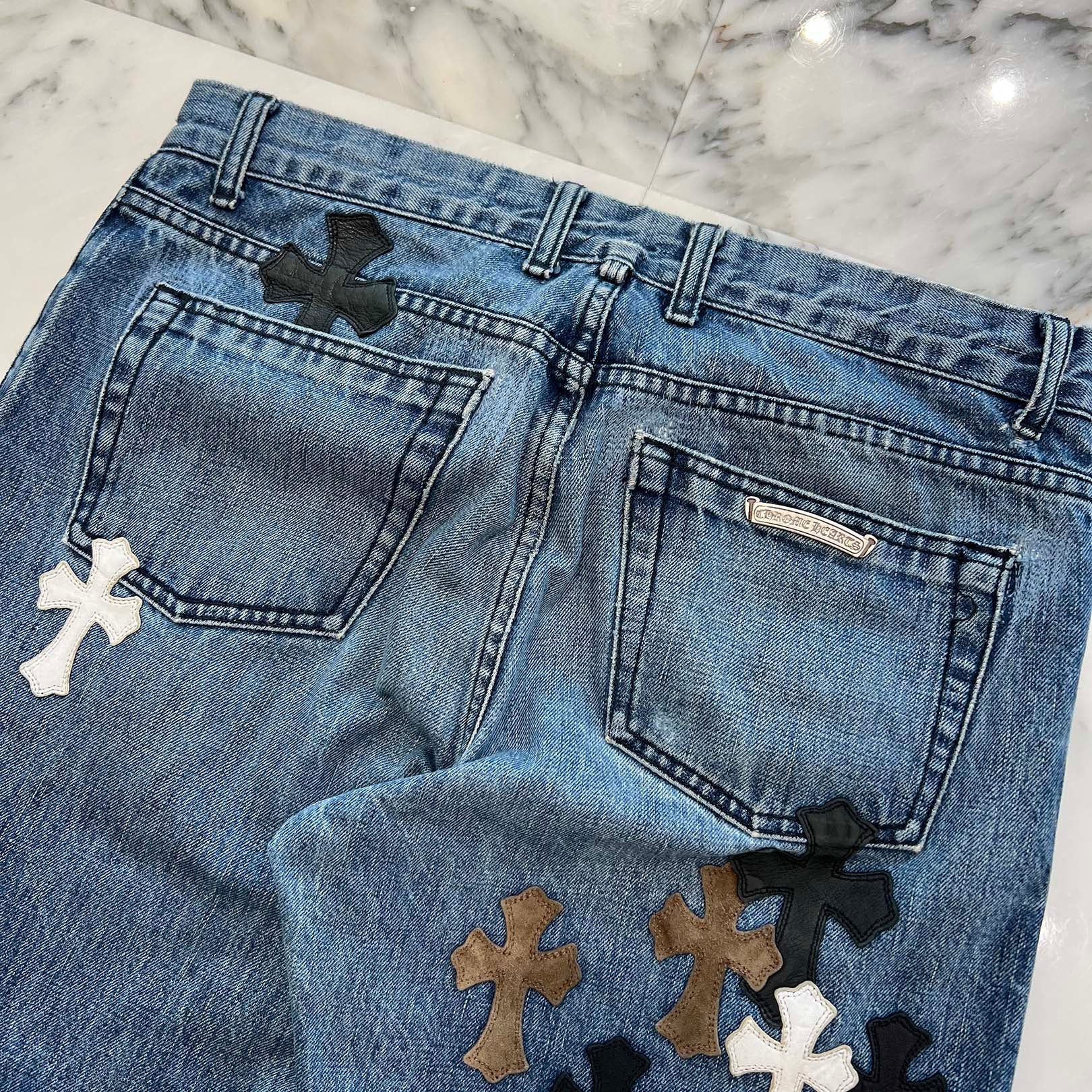 CHROME HEARTS Multi Leather Cross Patch Cross Ball Button Denim Pants Size 33 クロムハーツ マルチレザークロスパッチ クロスボールボタン デニムパンツ サイズ33