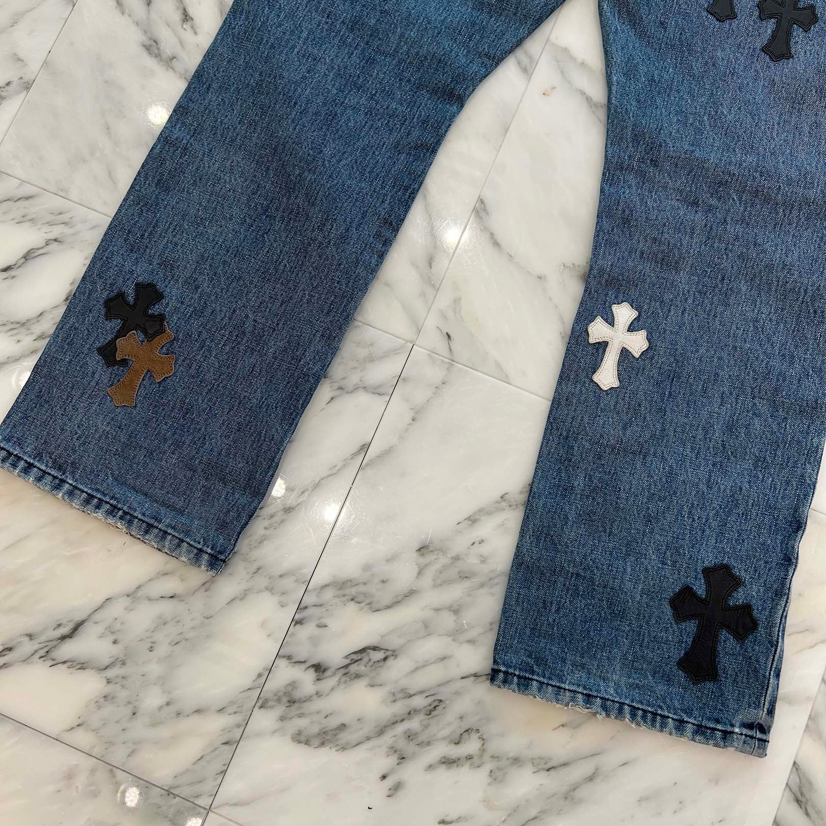 CHROME HEARTS Multi Leather Cross Patch Cross Ball Button Denim