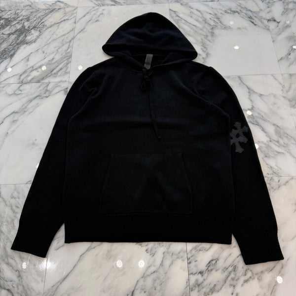 CHROME HEARTS Y NOT Leather Cross Patch Cashmere Knit Pullover Hoodie Size L クロムハーツ ワイノット レザークロスパッチ カシミヤニット プルオーバーフーディ サイズL