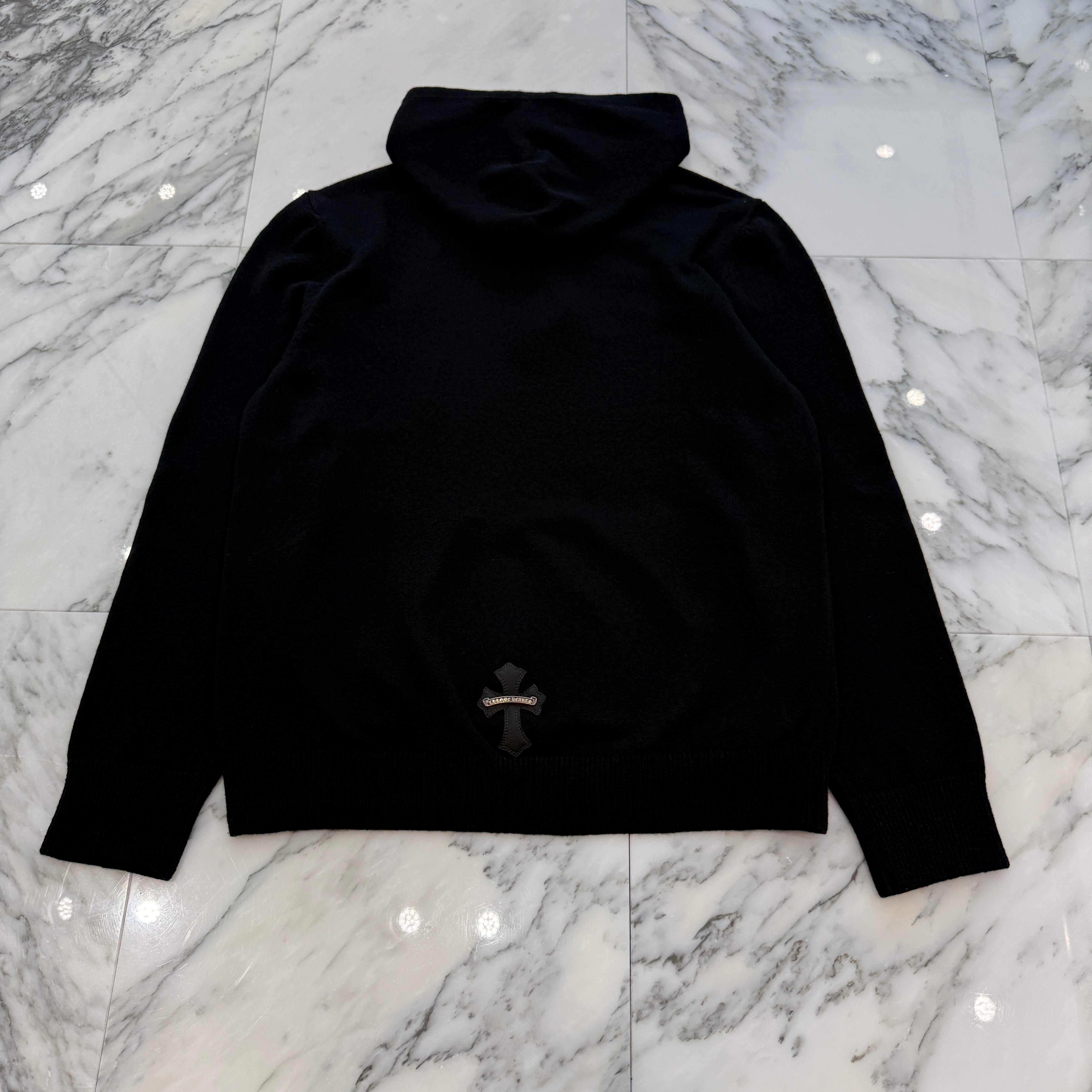 CHROME HEARTS Y NOT Leather Cross Patch Cashmere Knit Pullover Hoodie Size M クロムハーツ ワイノット レザークロスパッチ カシミヤニット プルオーバーフーディ サイズM