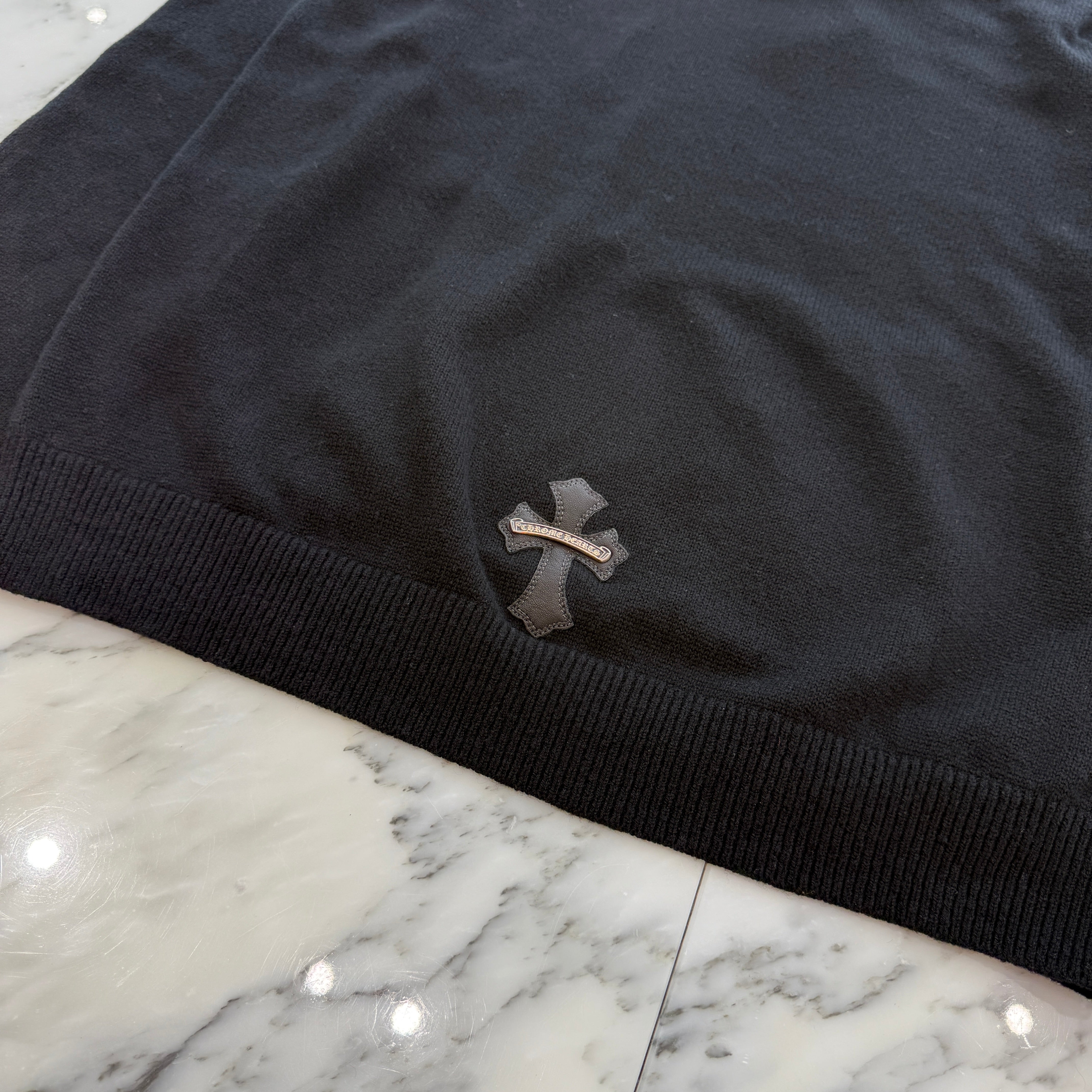 CHROME HEARTS Y NOT Leather Cross Patch Cashmere Knit Pullover Hoodie Size M クロムハーツ ワイノット レザークロスパッチ カシミヤニット プルオーバーフーディ サイズM