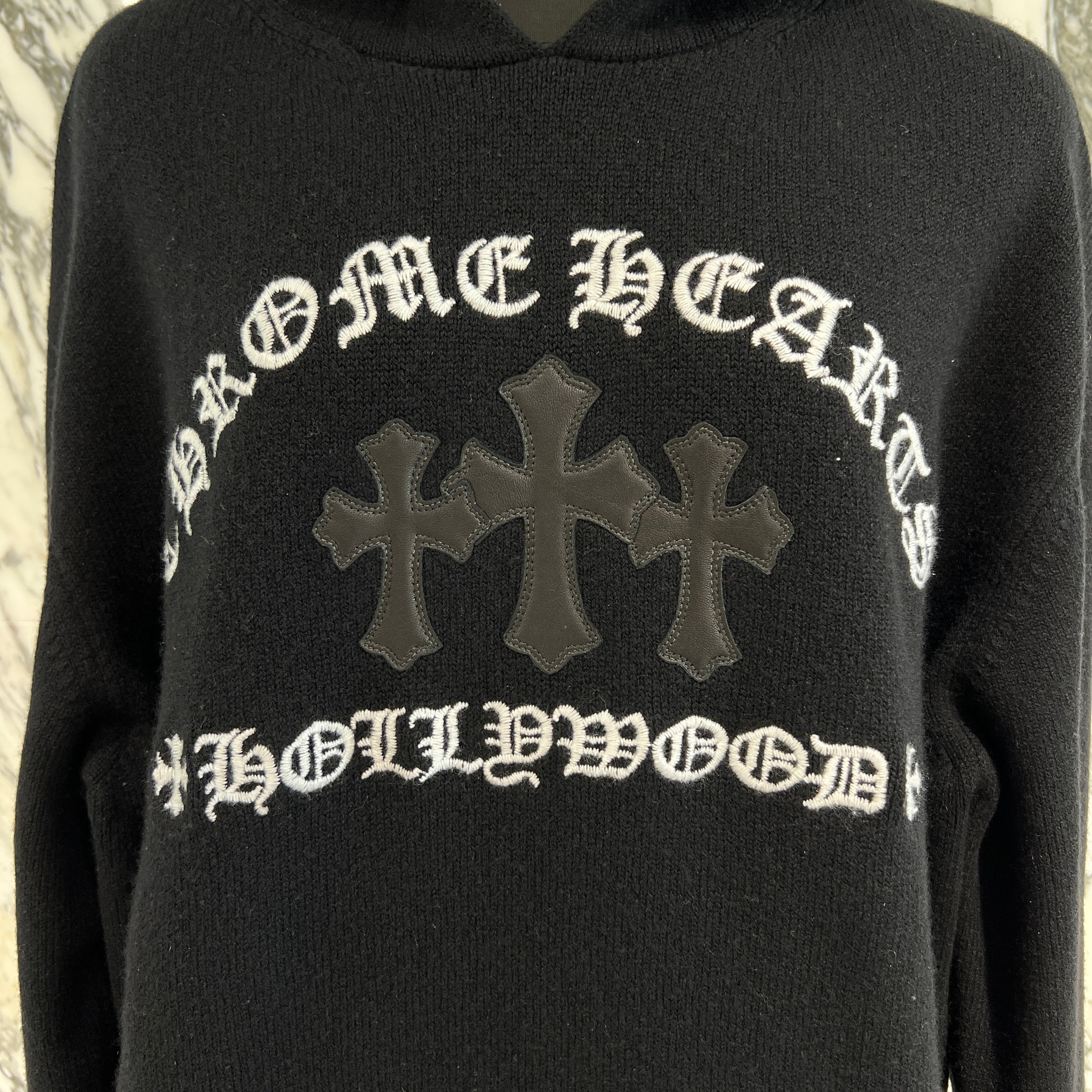 CHROME HEARTS Y NOT King Taco 3 Cemetery Cross Leather Patch Cashmere Pullover Hoodie Size L クロムハーツ ワイノット キングタコ 3セメタリークロス レザーパッチ カシミア プルオーバーフーディー サイズL