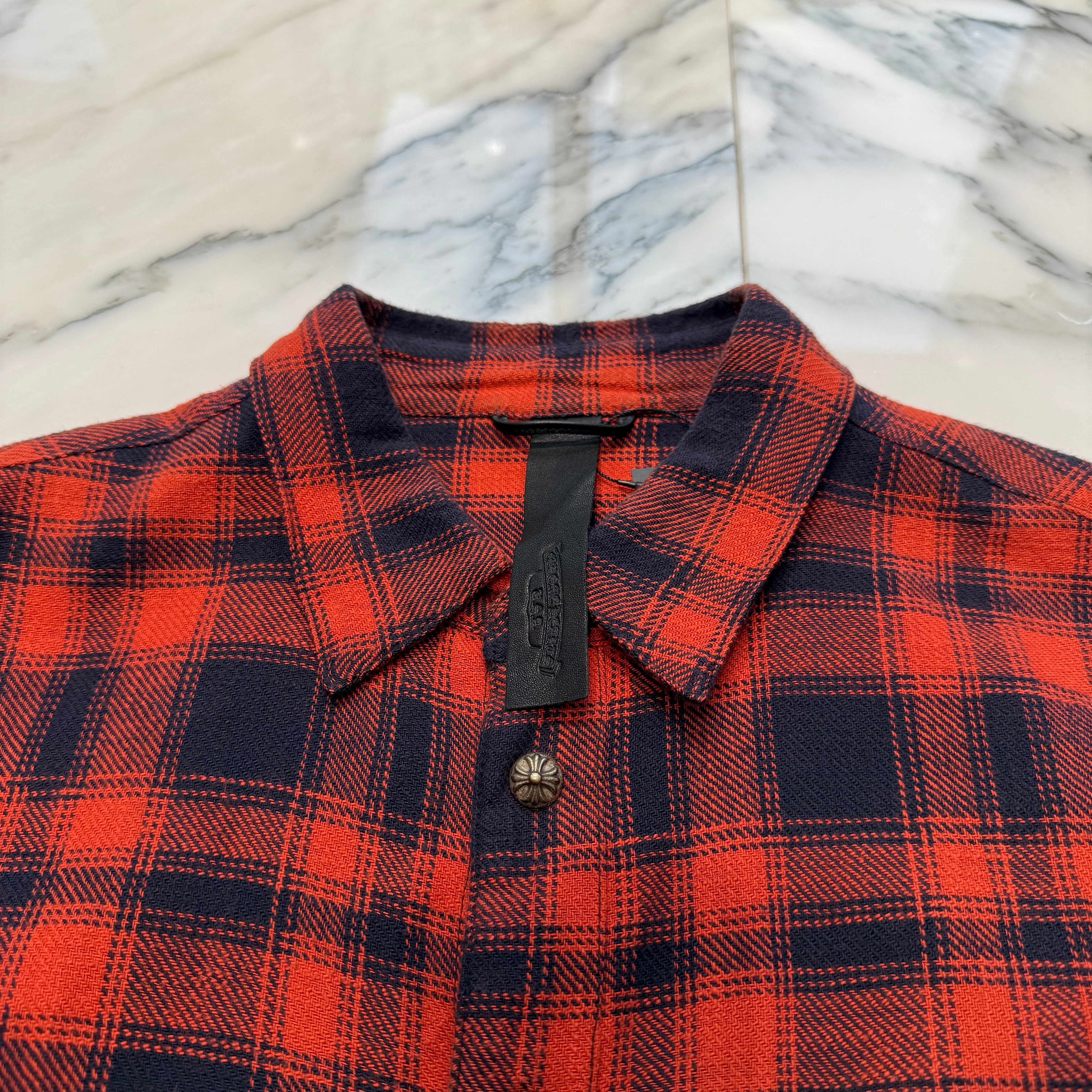 CHROME HEARTS Y NOT Leather Cross Patch Flannel Check Shirt Size L クロムハーツ ワイノット レザークロスパッチ フランネルチェックシャツ サイズL