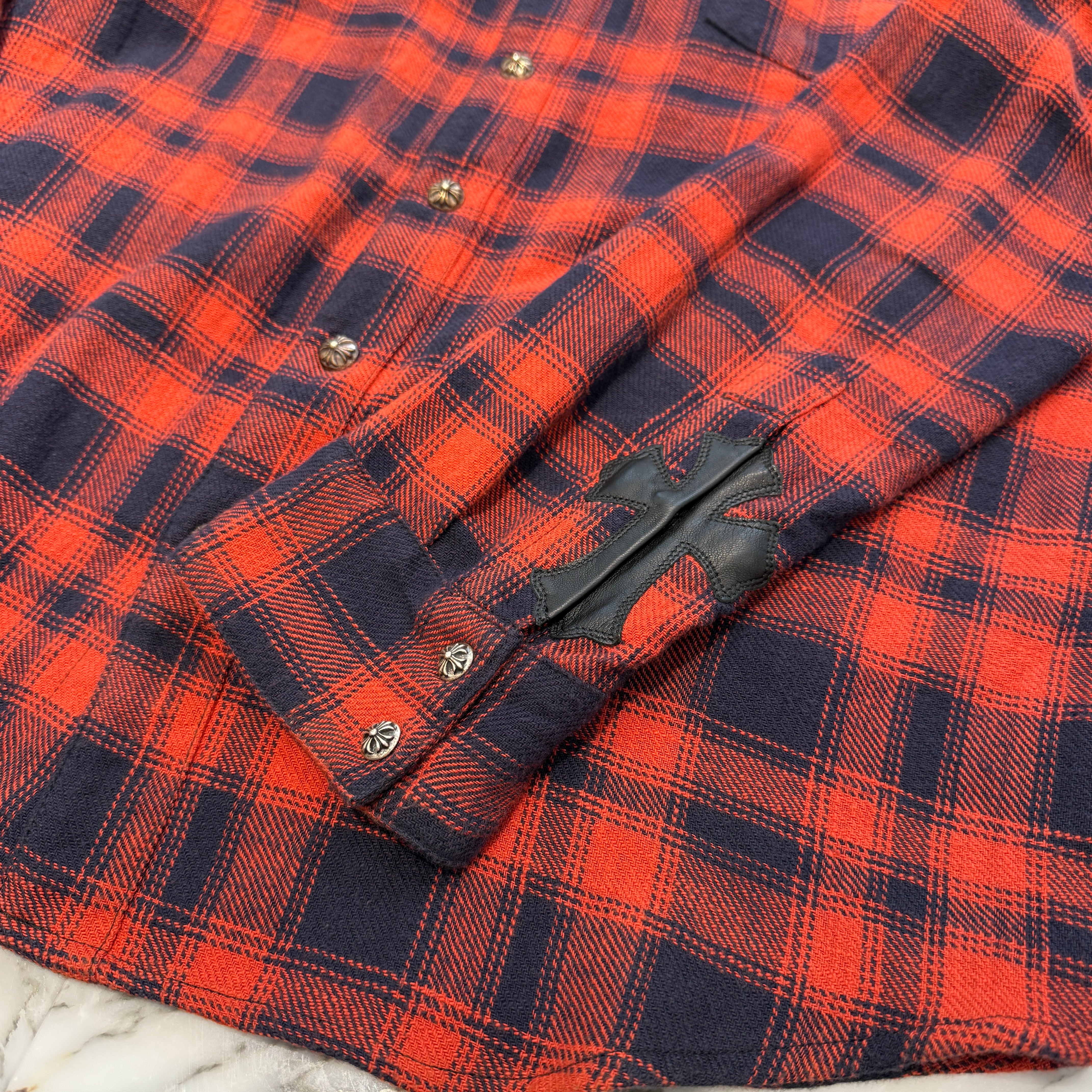 CHROME HEARTS Y NOT Leather Cross Patch Flannel Check Shirt Size L クロムハーツ ワイノット レザークロスパッチ フランネルチェックシャツ サイズL