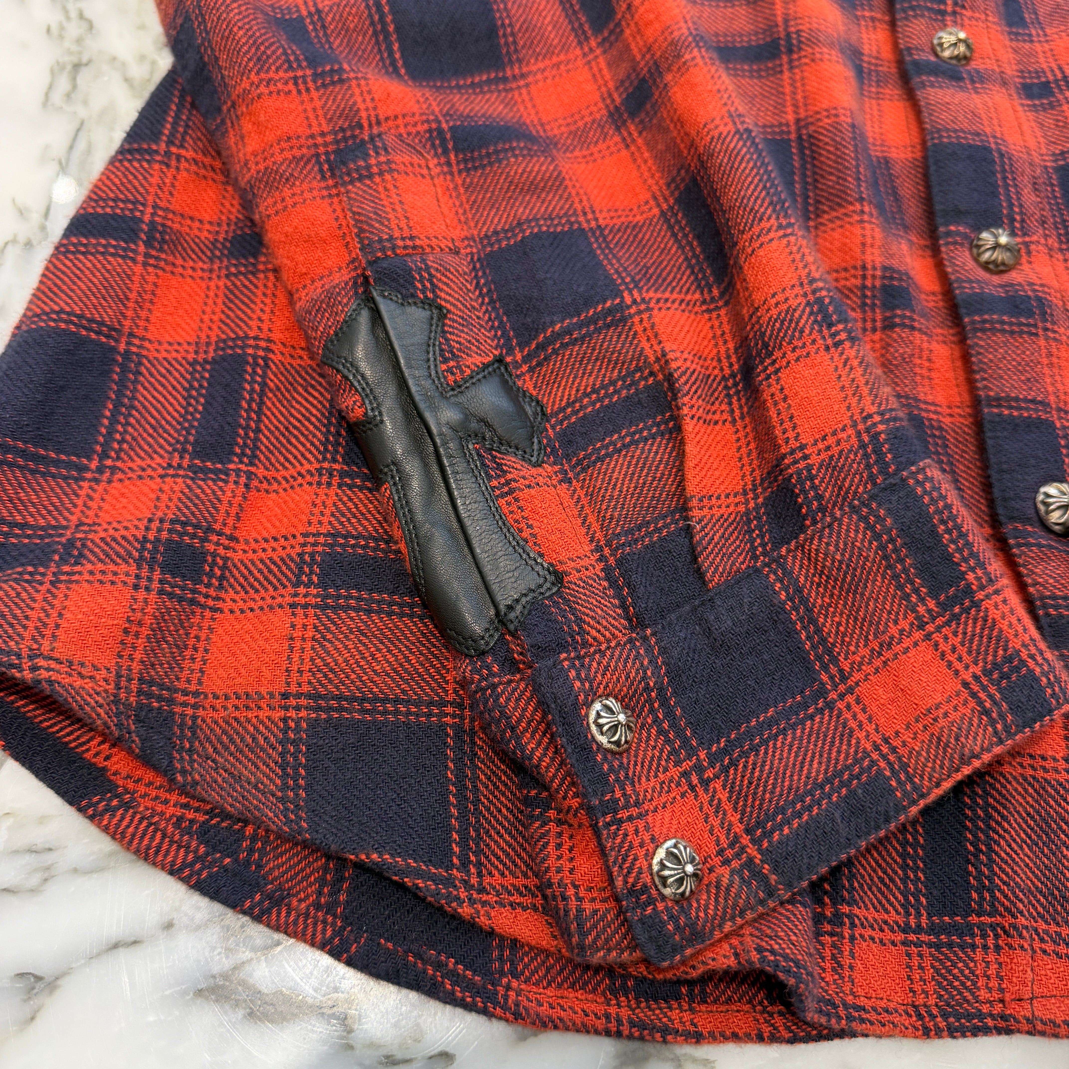 CHROME HEARTS Y NOT Leather Cross Patch Flannel Check Shirt Size L クロムハーツ ワイノット レザークロスパッチ フランネルチェックシャツ サイズL