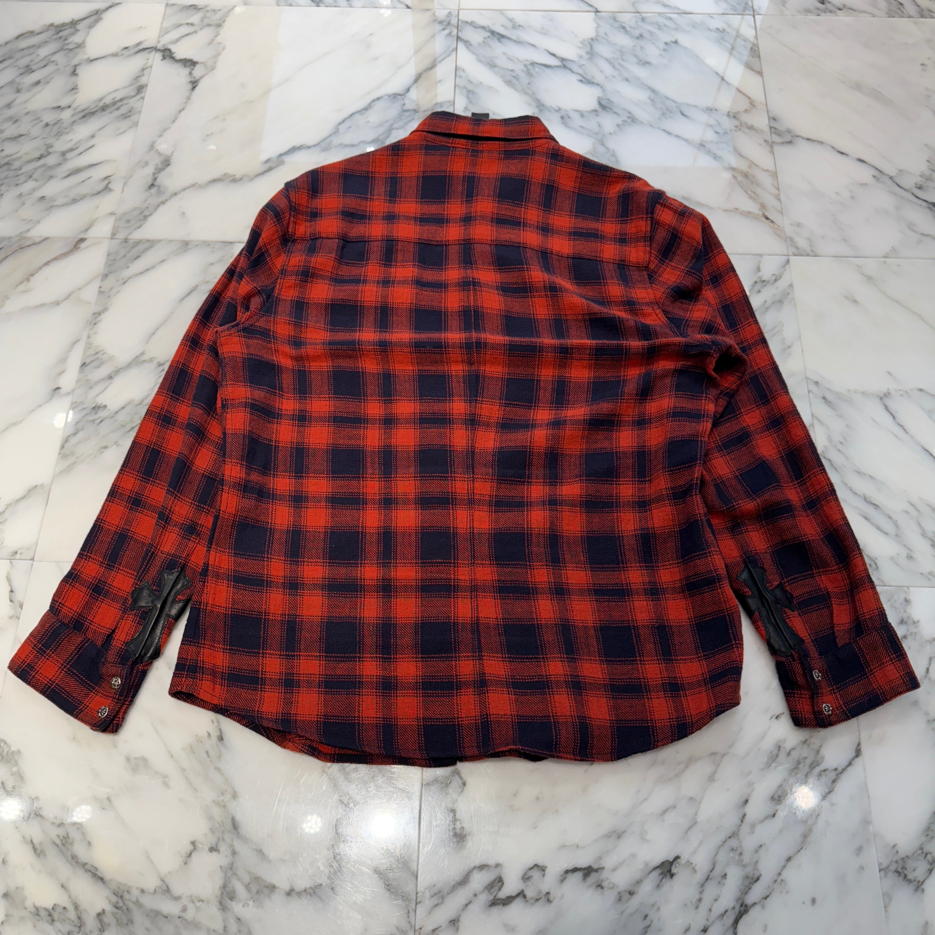 CHROME HEARTS Y NOT Leather Cross Patch Flannel Check Shirt Size L クロムハーツ ワイノット レザークロスパッチ フランネルチェックシャツ サイズL