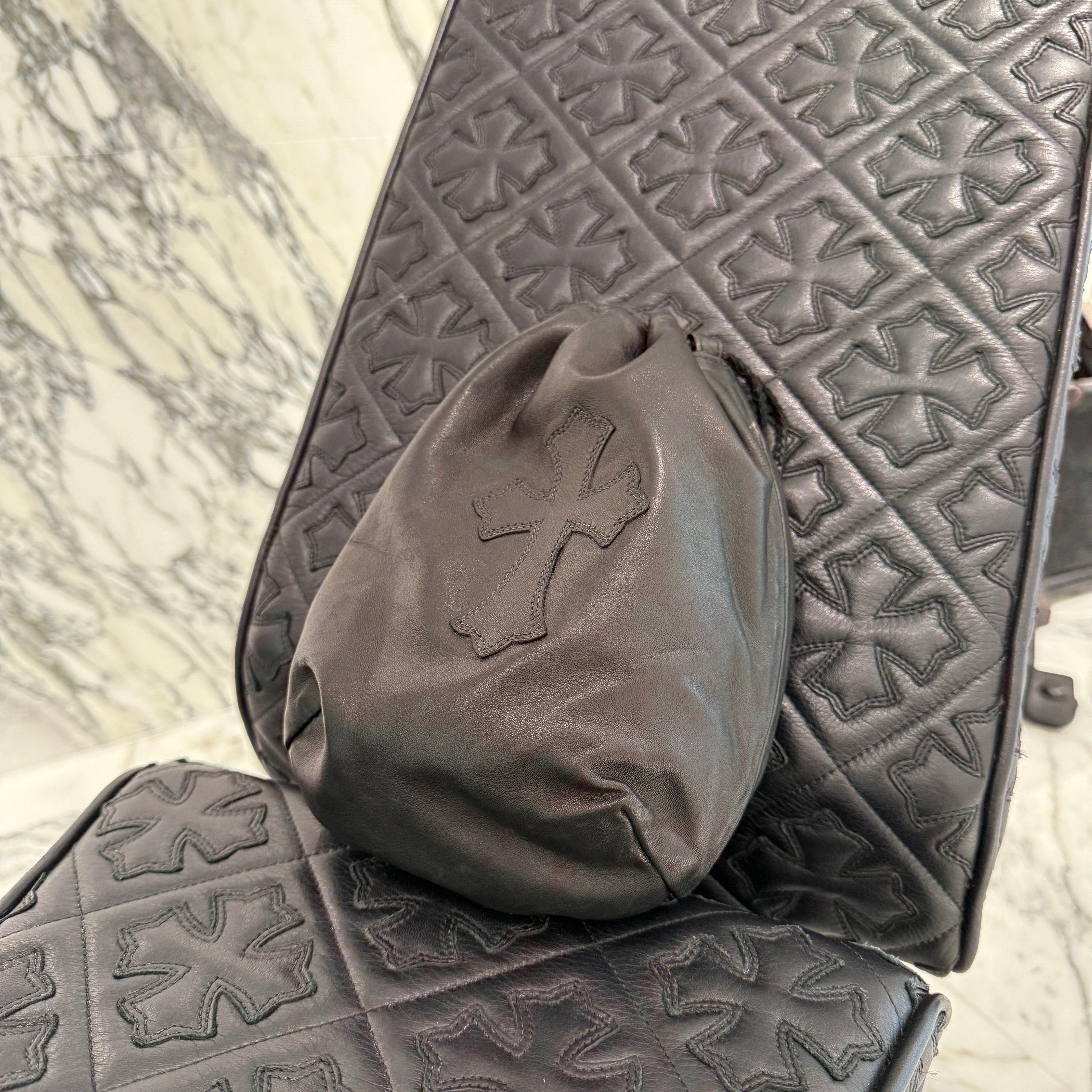 CHROME HEARTS Leather Cross Patch Drawstring Sack Leather Bag クロムハーツ レザークロスパッチ ドローストリング サックレザーバッグ 巾着