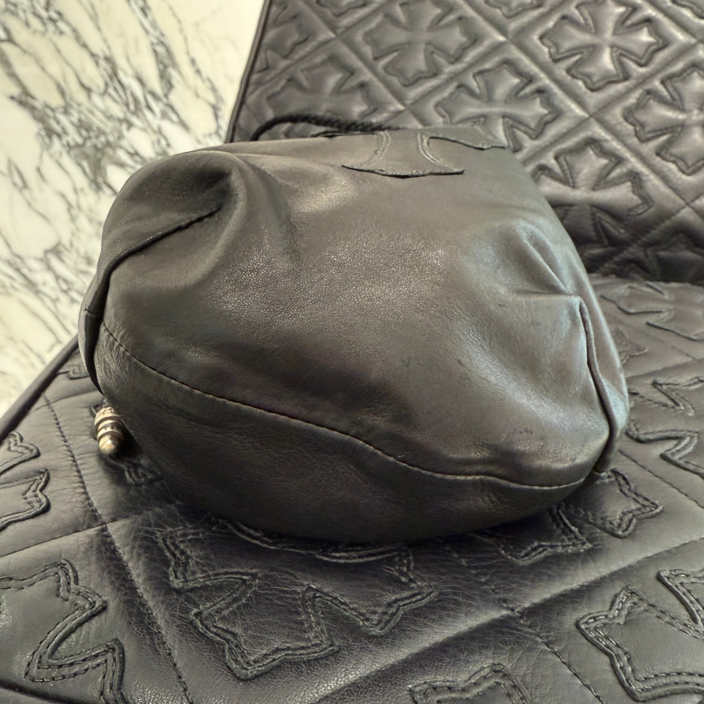 CHROME HEARTS Leather Cross Patch Drawstring Sack Leather Bag クロムハーツ レザークロスパッチ ドローストリング サックレザーバッグ 巾着