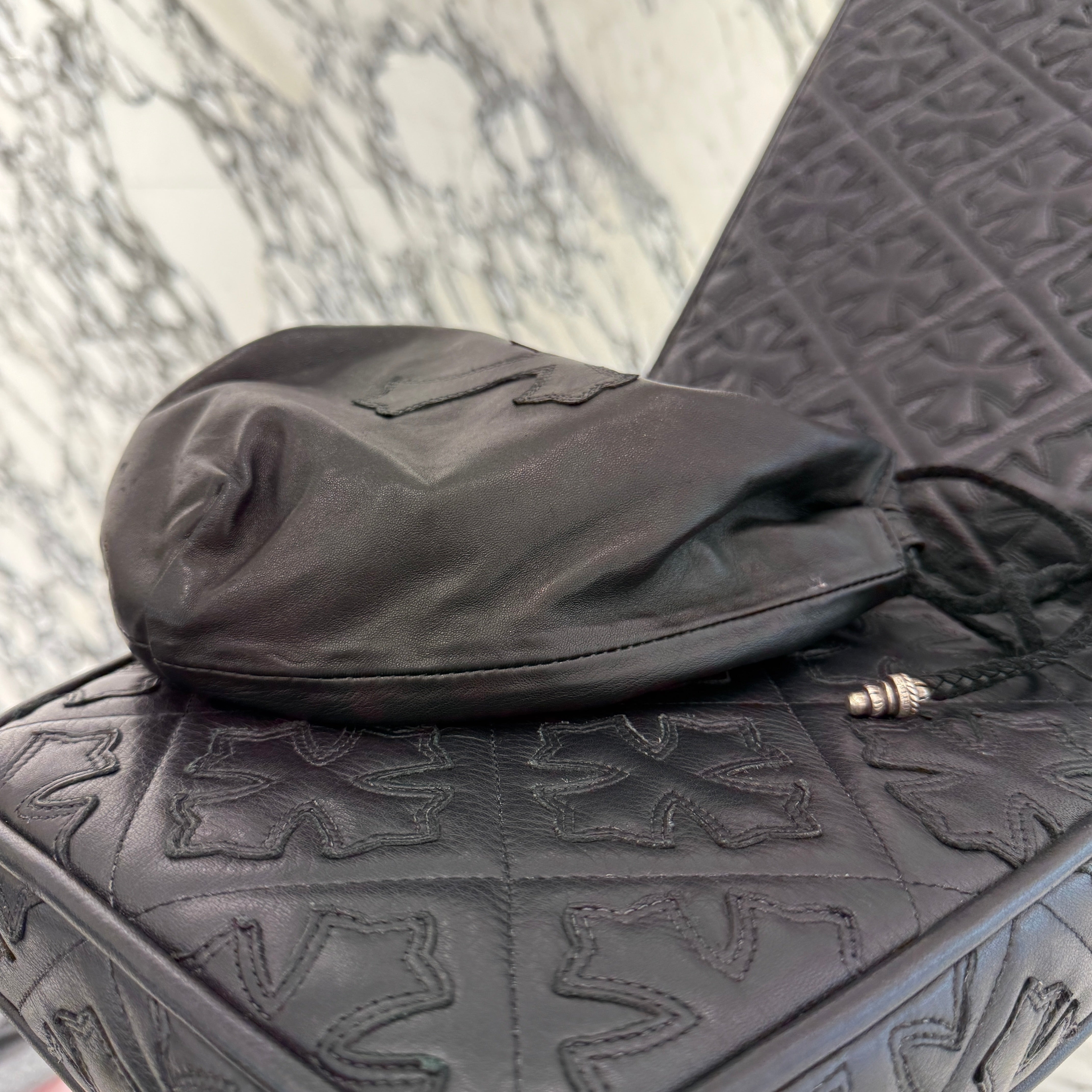 CHROME HEARTS Leather Cross Patch Drawstring Sack Leather Bag クロムハーツ レザークロスパッチ ドローストリング サックレザーバッグ 巾着